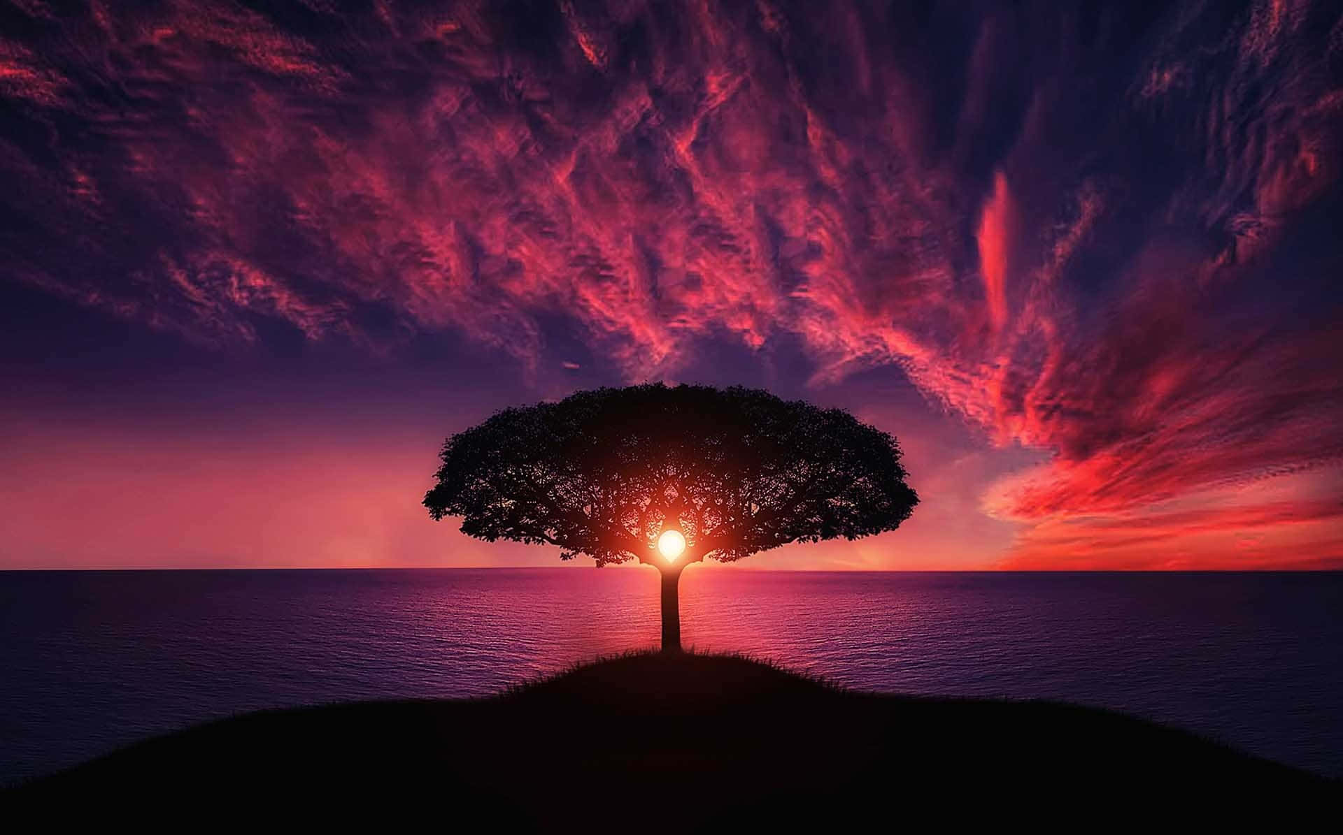 sunset, fiery red clouds, calm ocean waters, Full HD Desktop Wallpaper