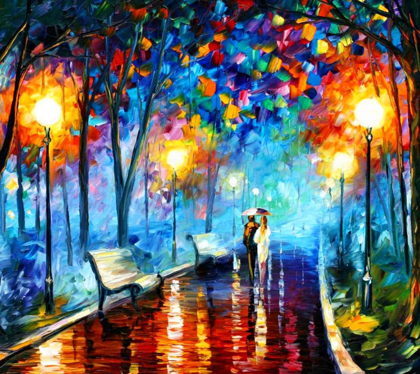 oil painting, couple walking under an umbrella, rain-slicked park path, HD Desktop Wallpaper