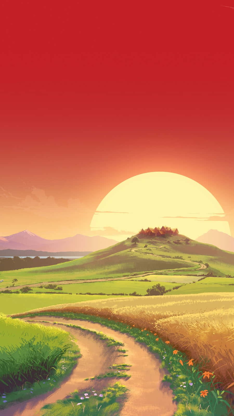 golden wheat fields, hilltop village, massive glowing sun, HD Phone Wallpaper