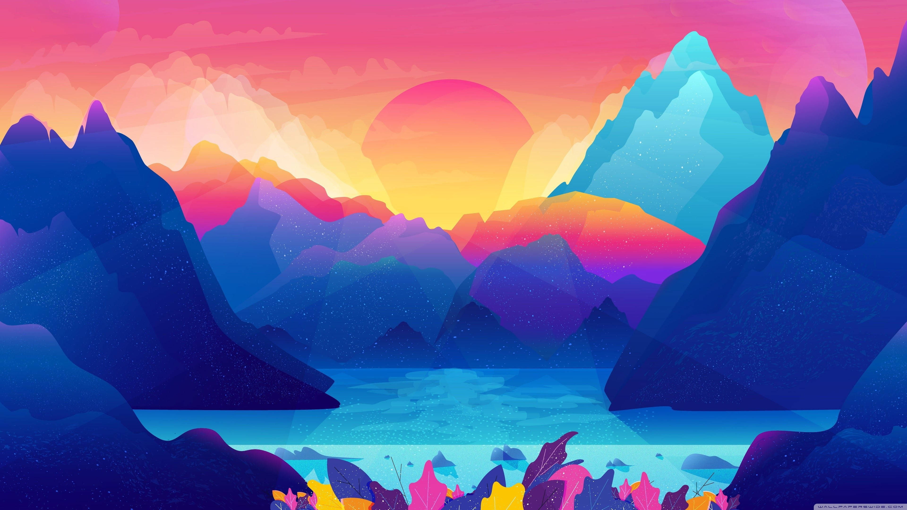 4K Moving Horizon Desktop, pink orange sunset, geometric mountains, 4K Desktop Wallpaper