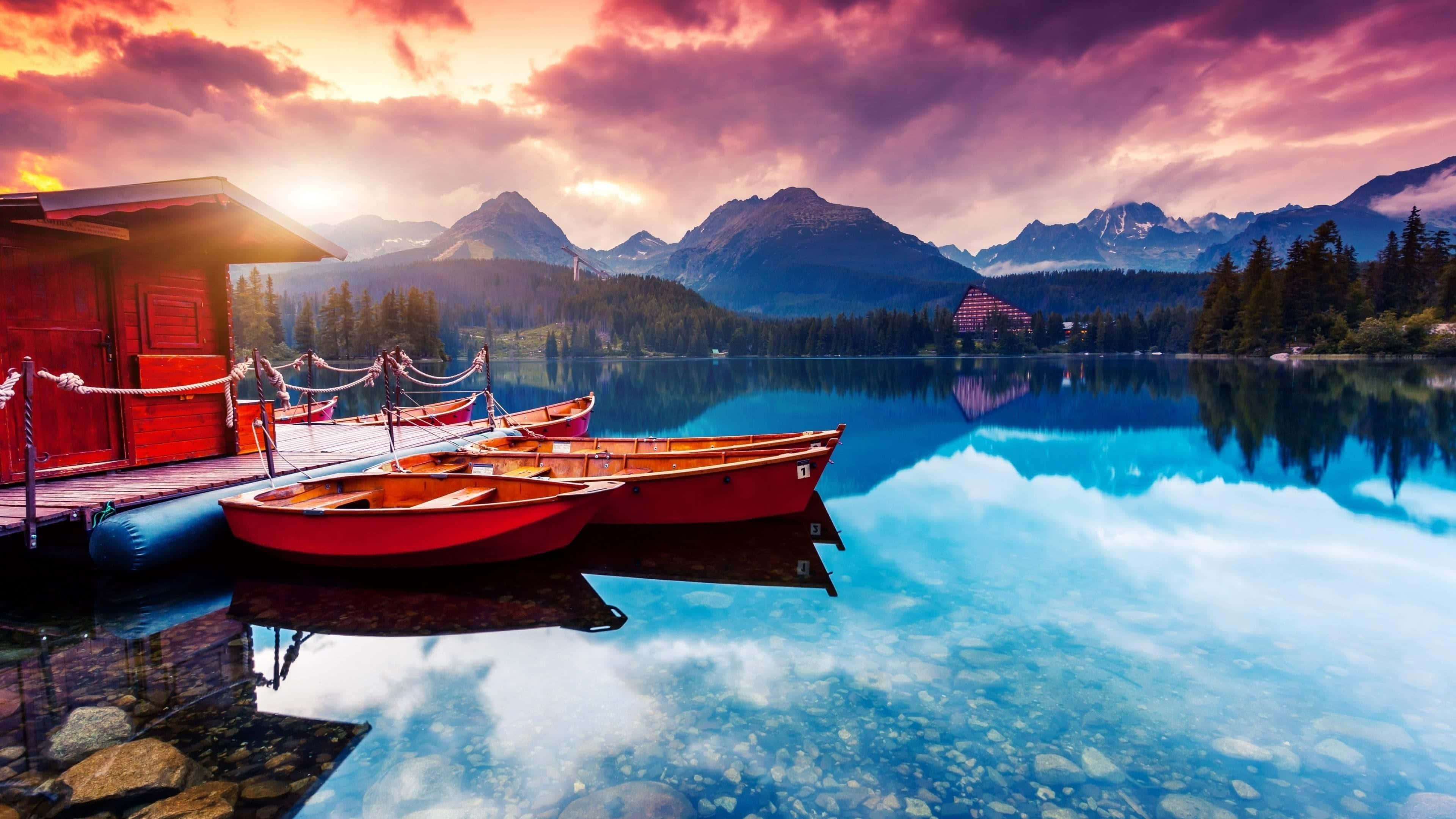 Glass Like Lake, 4K Ultra HD, vibrant red boats, 4K Desktop Wallpaper