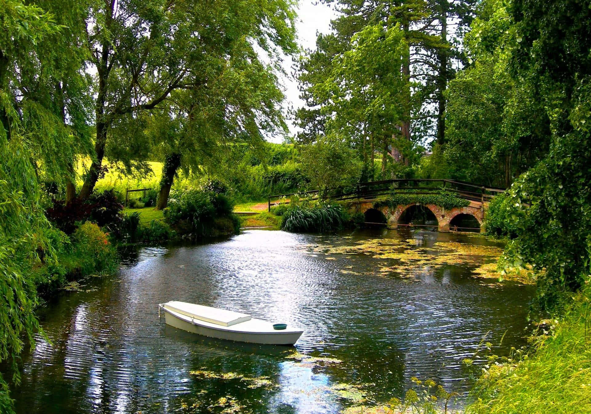 white rowboat, lily-pad dotted river, stone bridge, Full HD Desktop Wallpaper