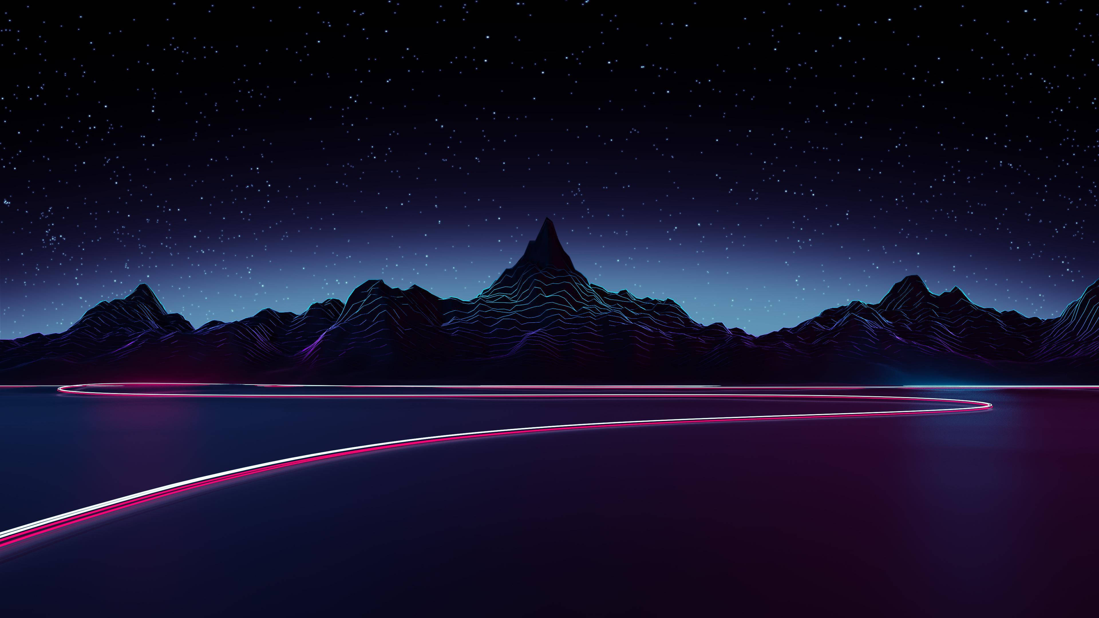 neon pink, blue glowing lines, dark lake, 4K Desktop Wallpaper