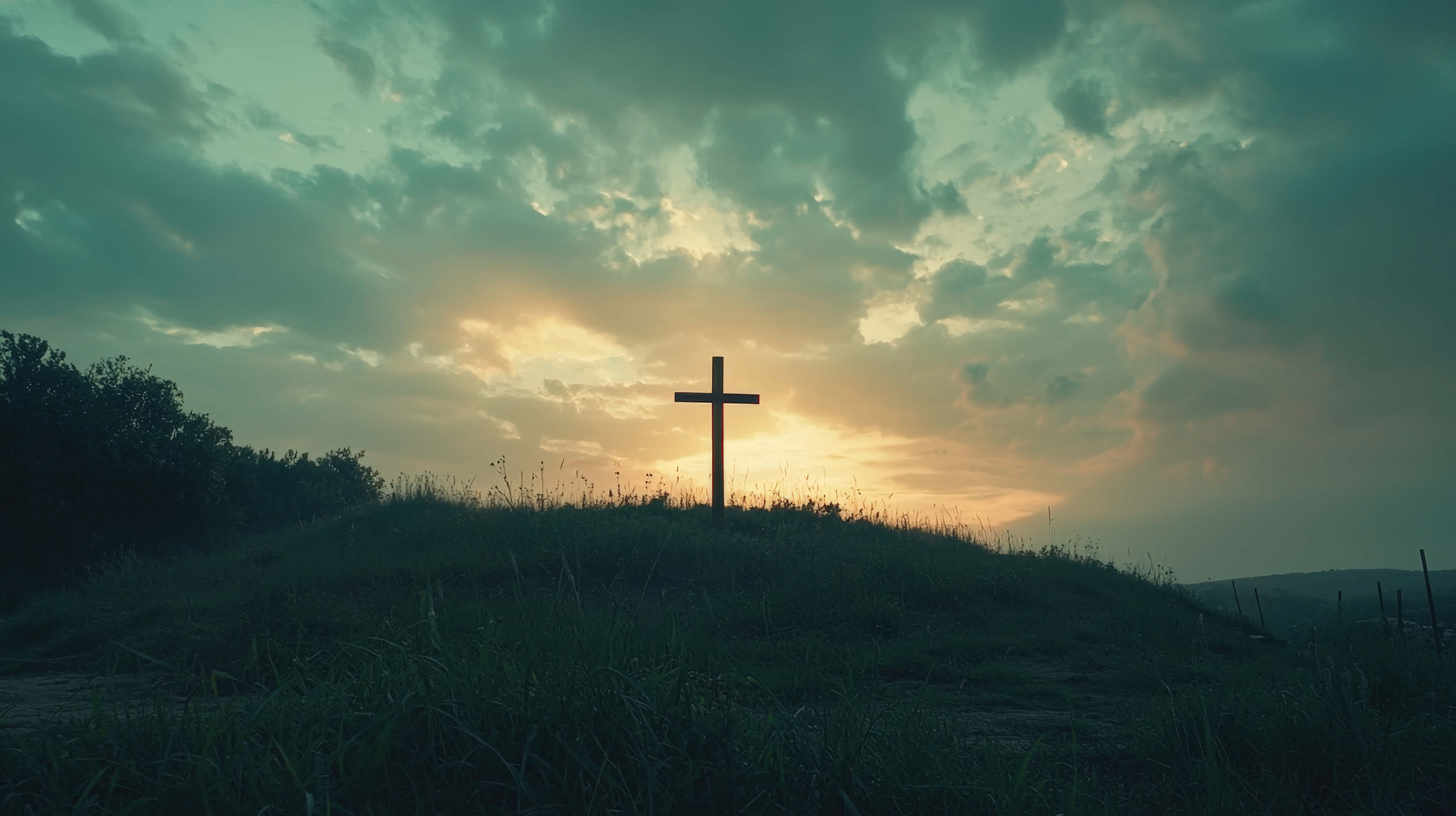 wooden cross, grassy hill, golden sunset sky, 8K Desktop Wallpaper