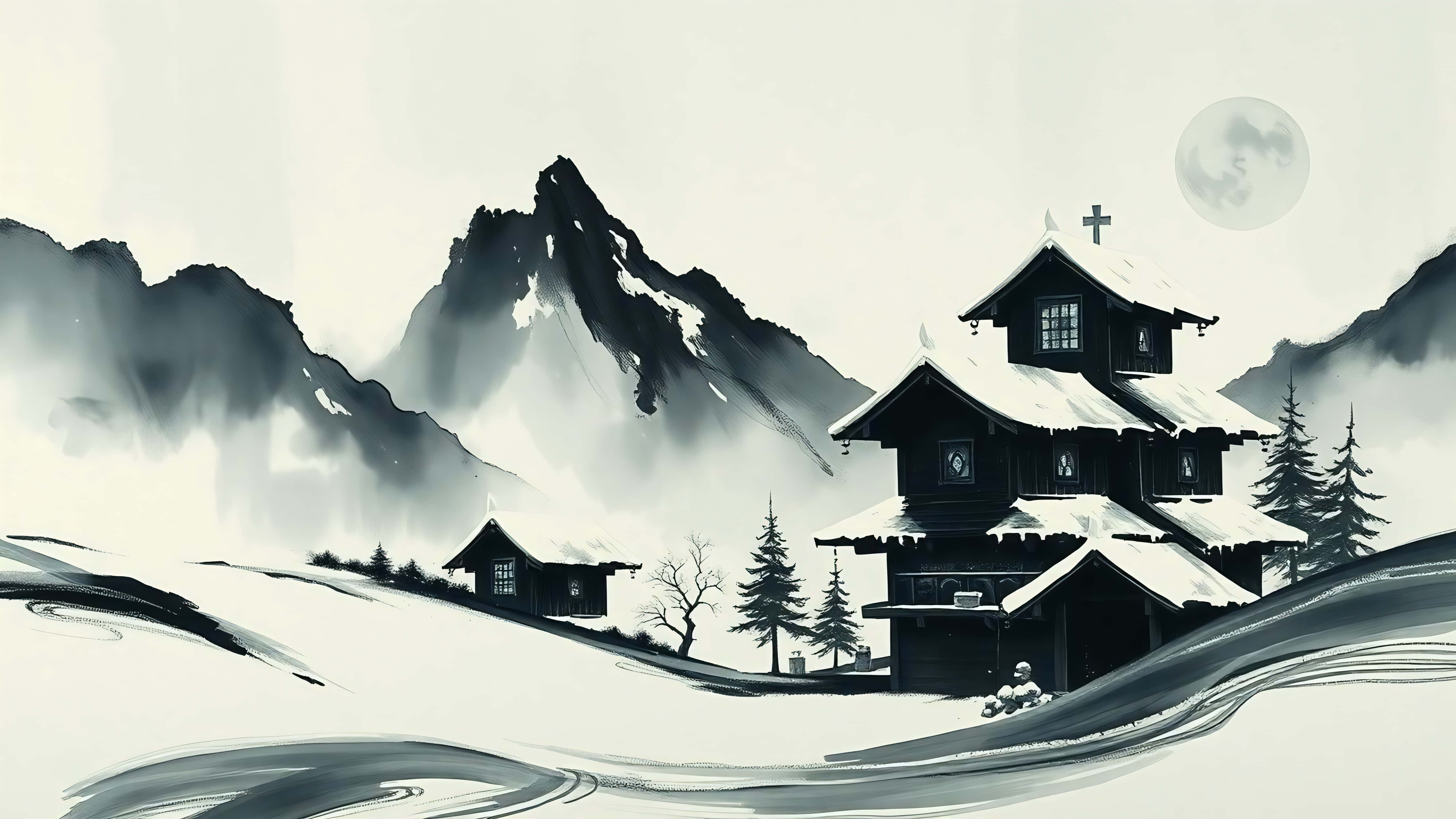 minimalist ink wash, winter village, mountain village, 5K Desktop Wallpaper