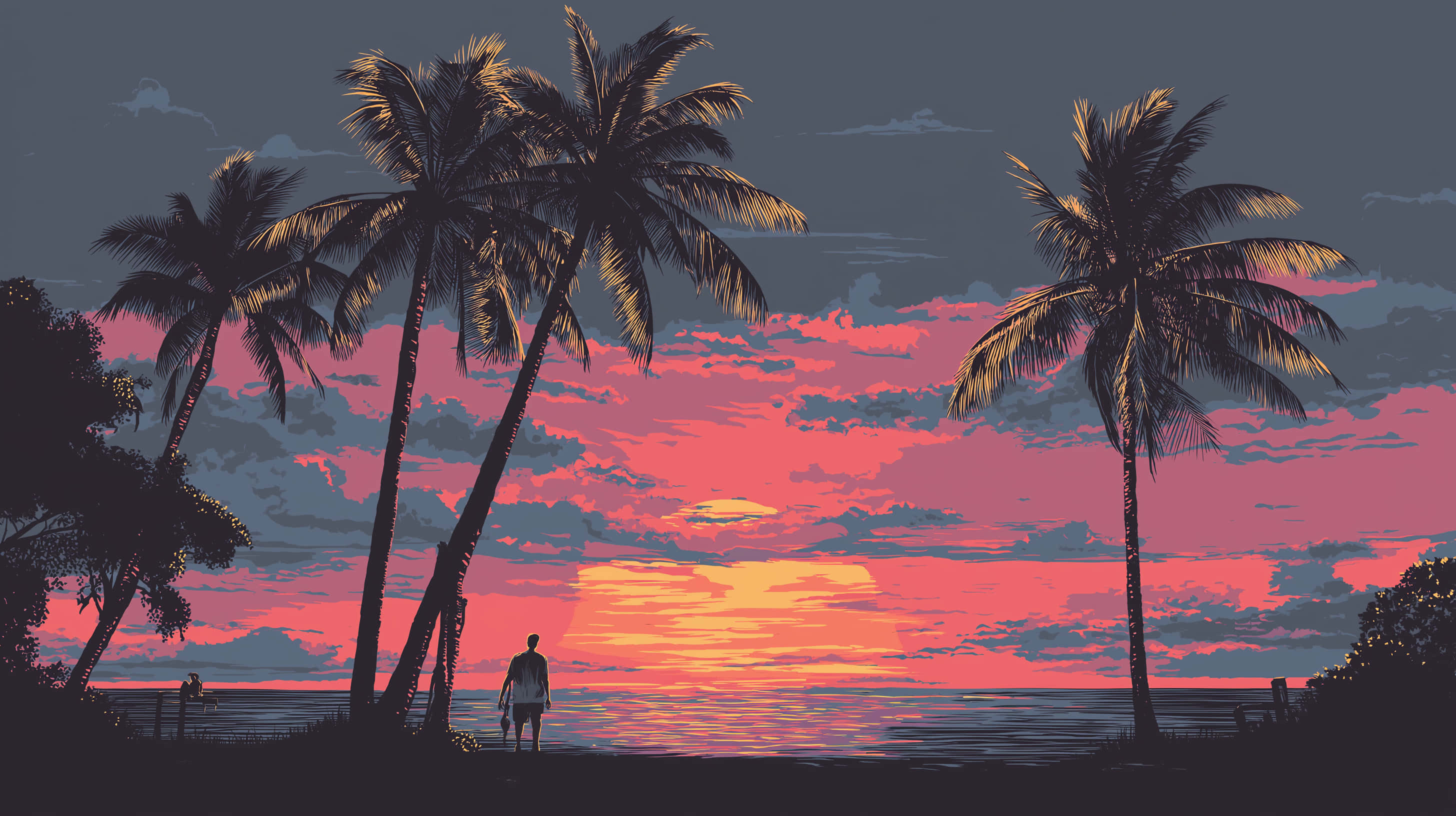 retro sunset beach landscape, palm trees, ocean horizon, 2K Desktop Wallpaper