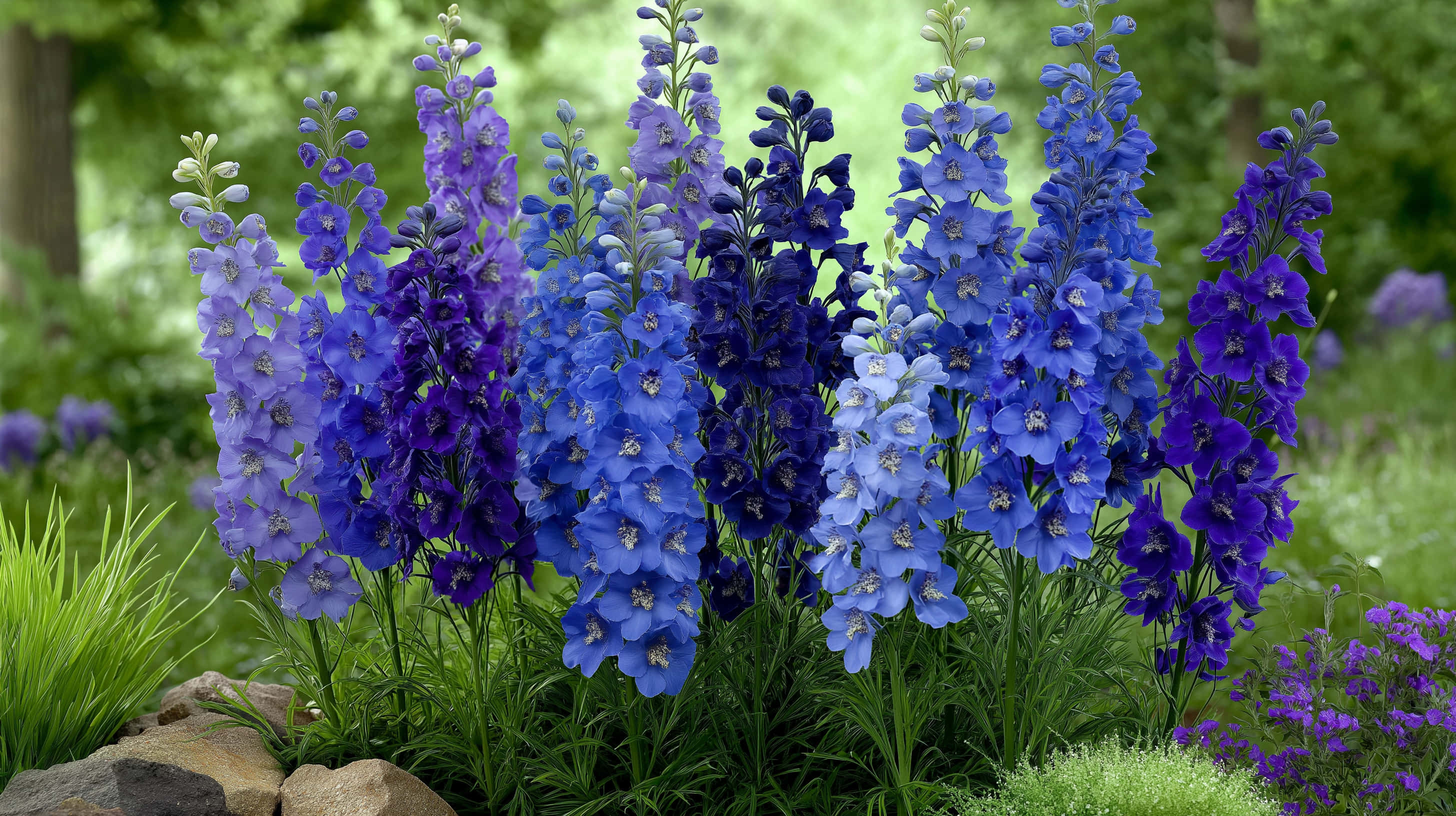 larkspur flowers, vibrant blue, purple delphiniums, 2K Desktop Wallpaper