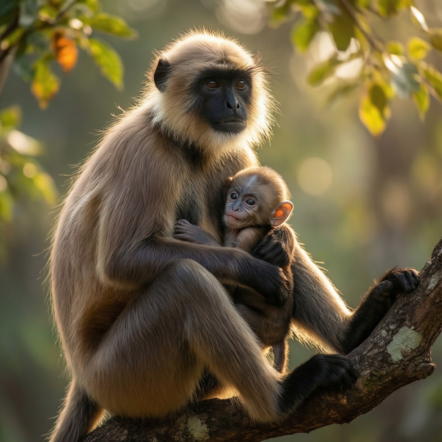 mother langur, baby langur, soft morning light, HD Desktop Wallpaper
