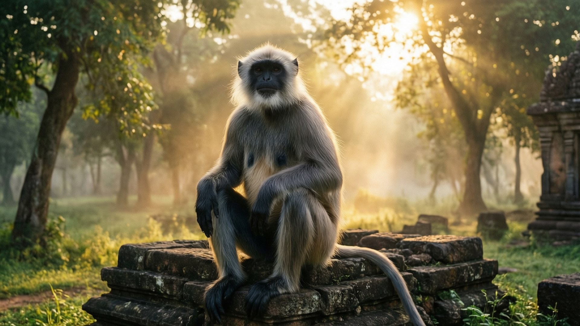 gray langur monkey, ancient stone ruins, golden sunlight, Full HD Desktop Wallpaper