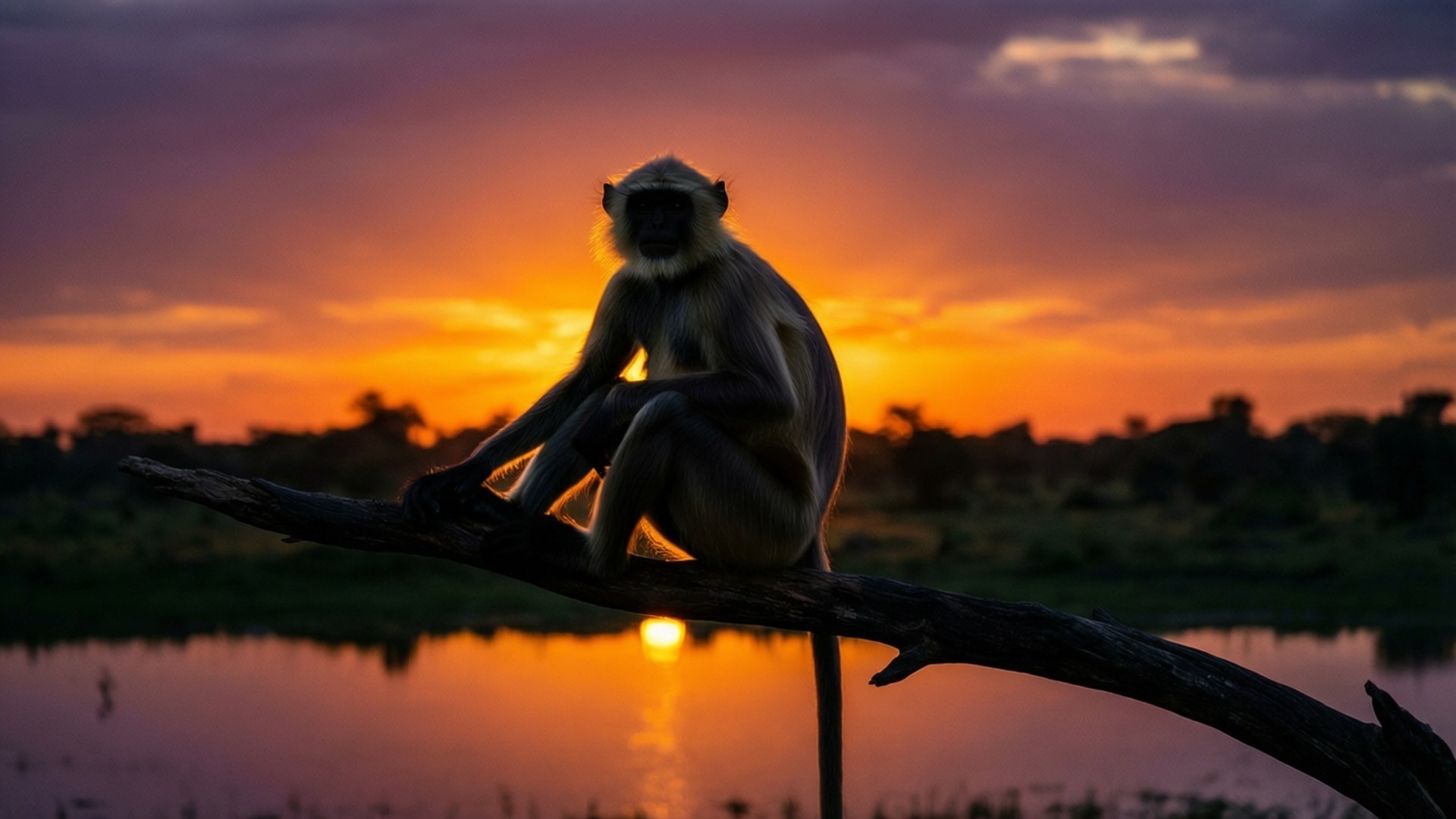 Langur, Sunset, Silhouette, Full HD Desktop Wallpaper