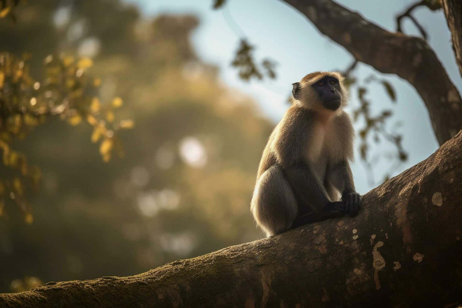 Langur, sunlit tree branch, golden foliage, HD Desktop Wallpaper