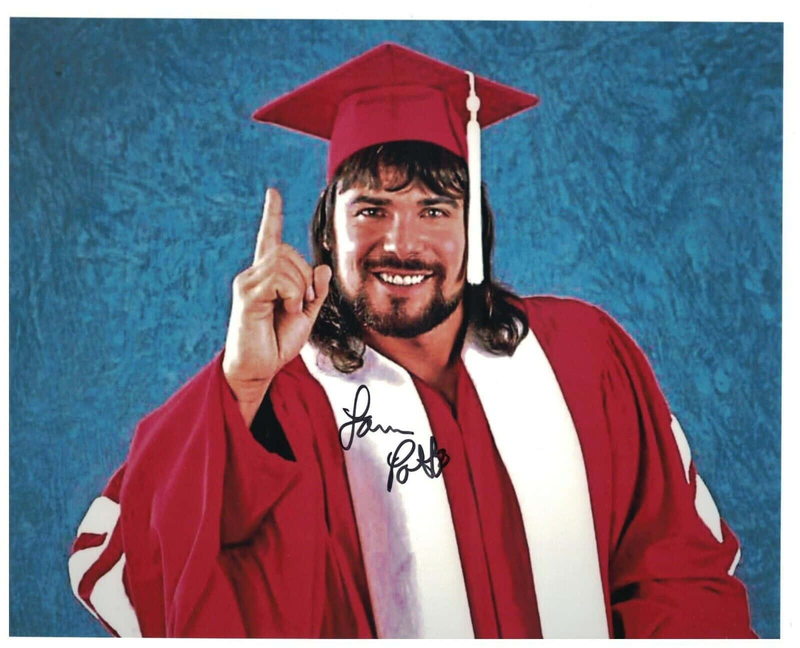 Lanny Poffo, red graduation cap and gown, textured blue backdrop, HD Desktop Wallpaper