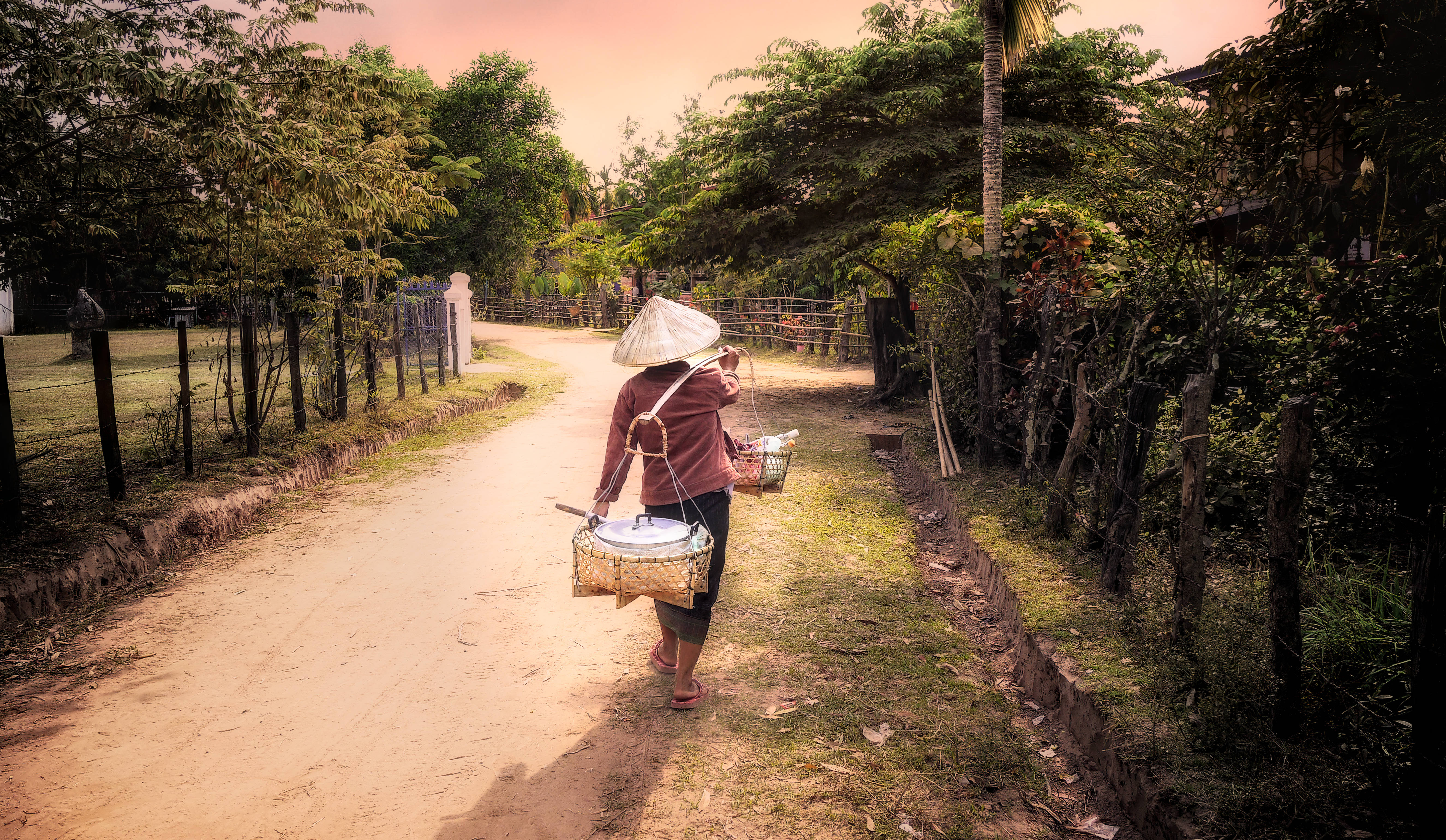 Laos, conical hat, rural dirt road, 5K Desktop Wallpaper
