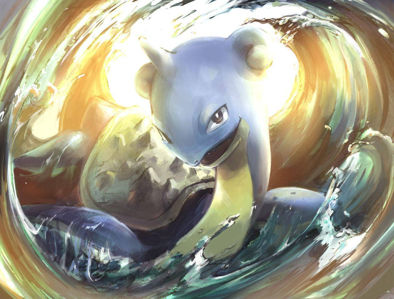 Lapras, blue and yellow, golden and teal water, HD Desktop Wallpaper