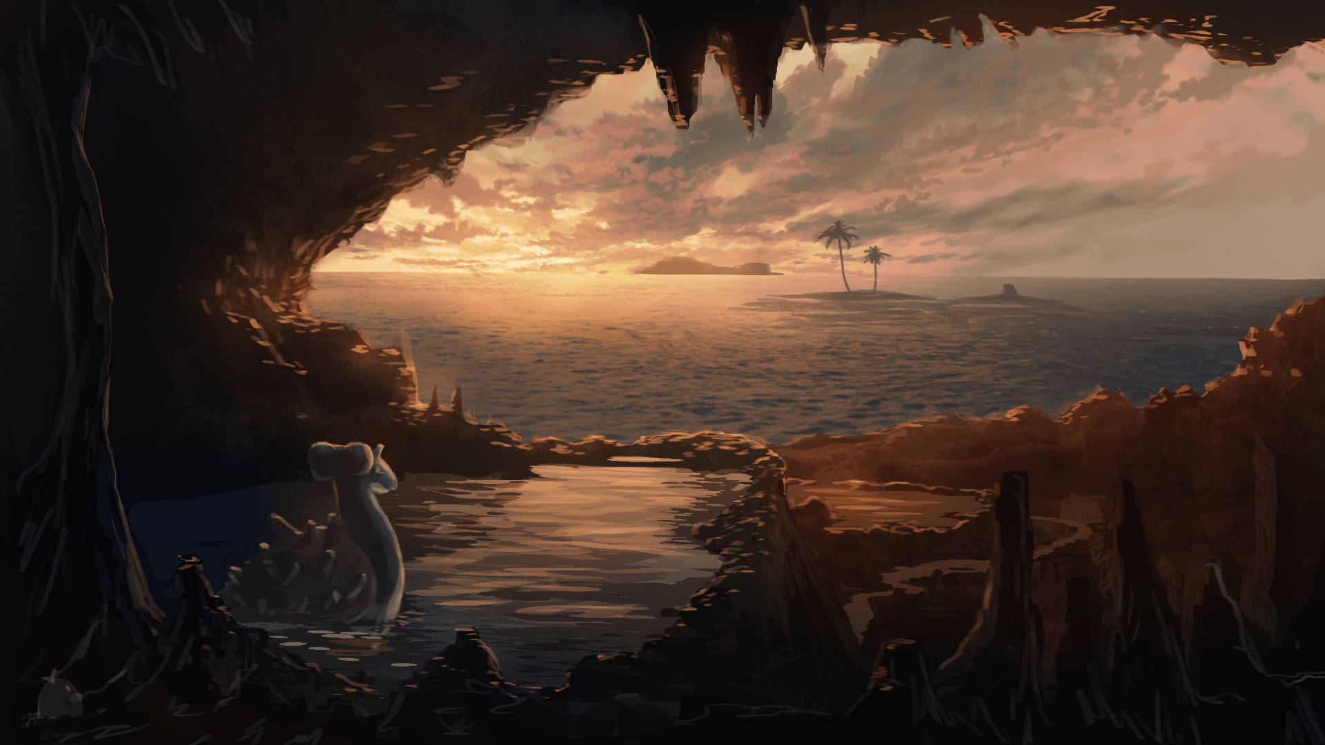 Lapras, cave, sunset, Full HD Desktop Wallpaper