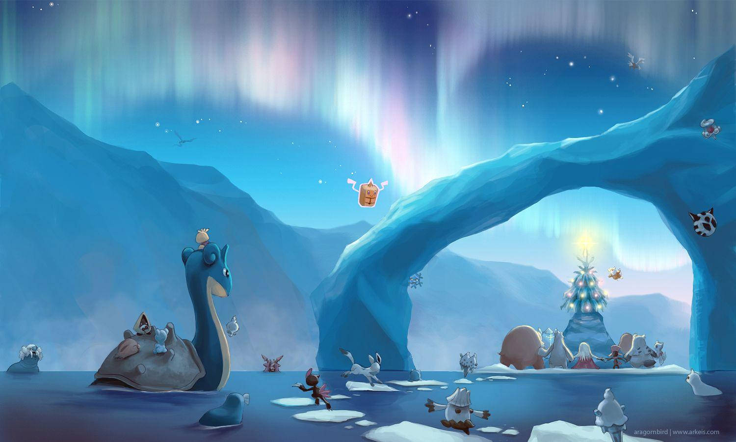 Lapras, aurora borealis, icy waters, HD Desktop Wallpaper