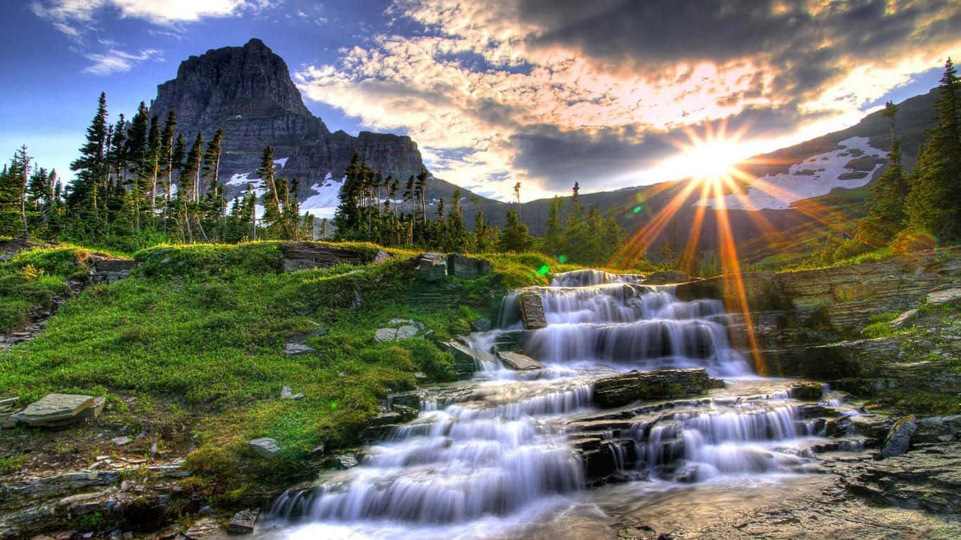 laptop 1366 x 768, sunburst, mountain stream, HD Desktop Wallpaper