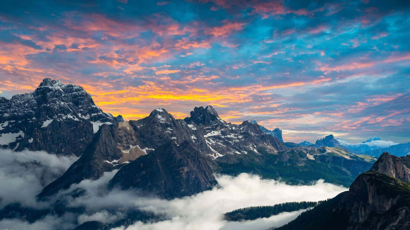 1366x768, snowcapped mountain peaks, vibrant sunset sky, HD Desktop Wallpaper