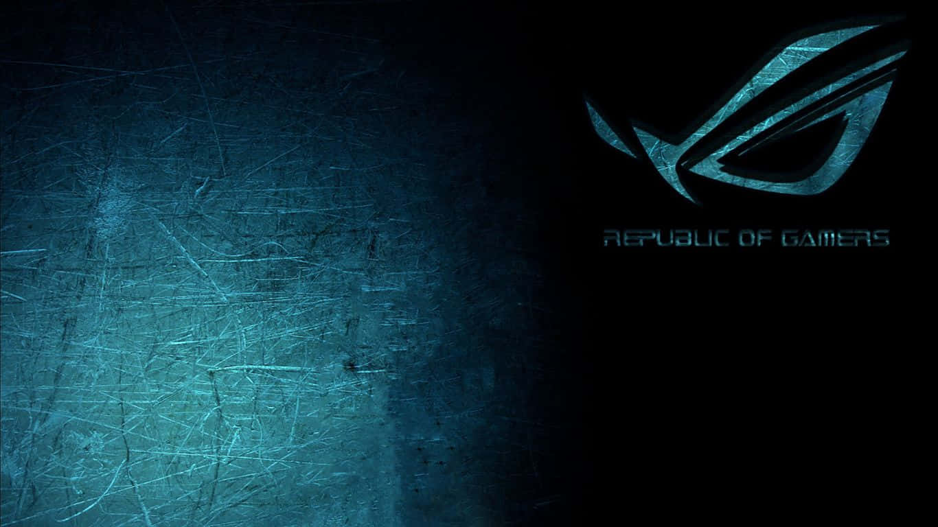 asus rog, glowing teal republic of gamers logo, dark blue scratched metal texture, HD Desktop Wallpaper