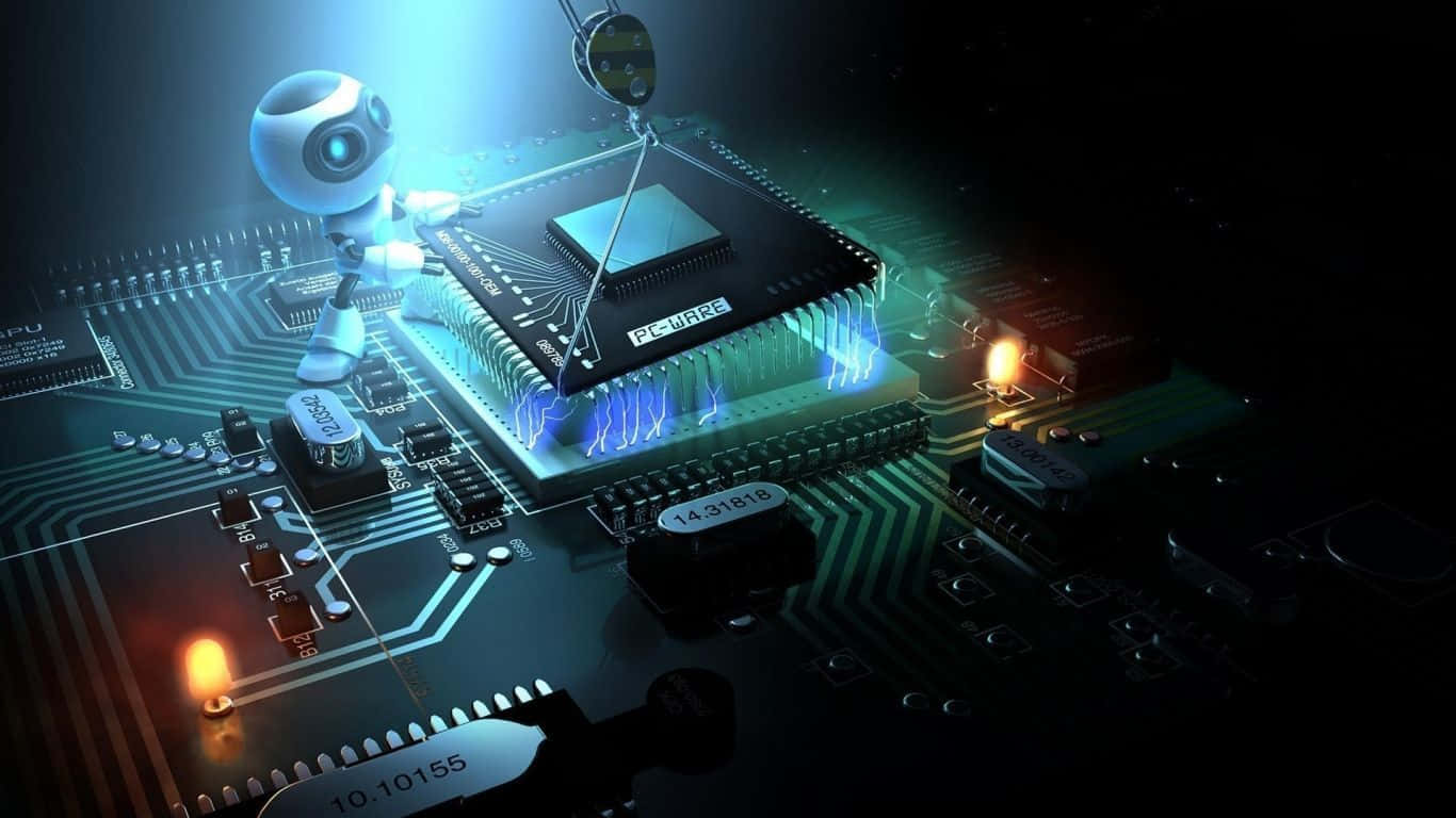 1366 X 768 resolution screen, glowing blue microchip, circuit board, HD Desktop Wallpaper