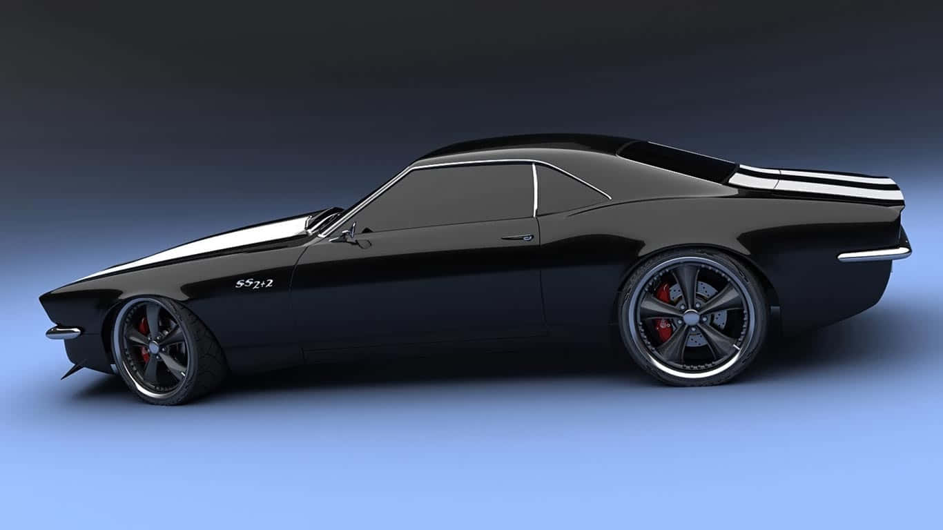 laptop 1366 x 768, black classic muscle car, white stripes, HD Desktop Wallpaper