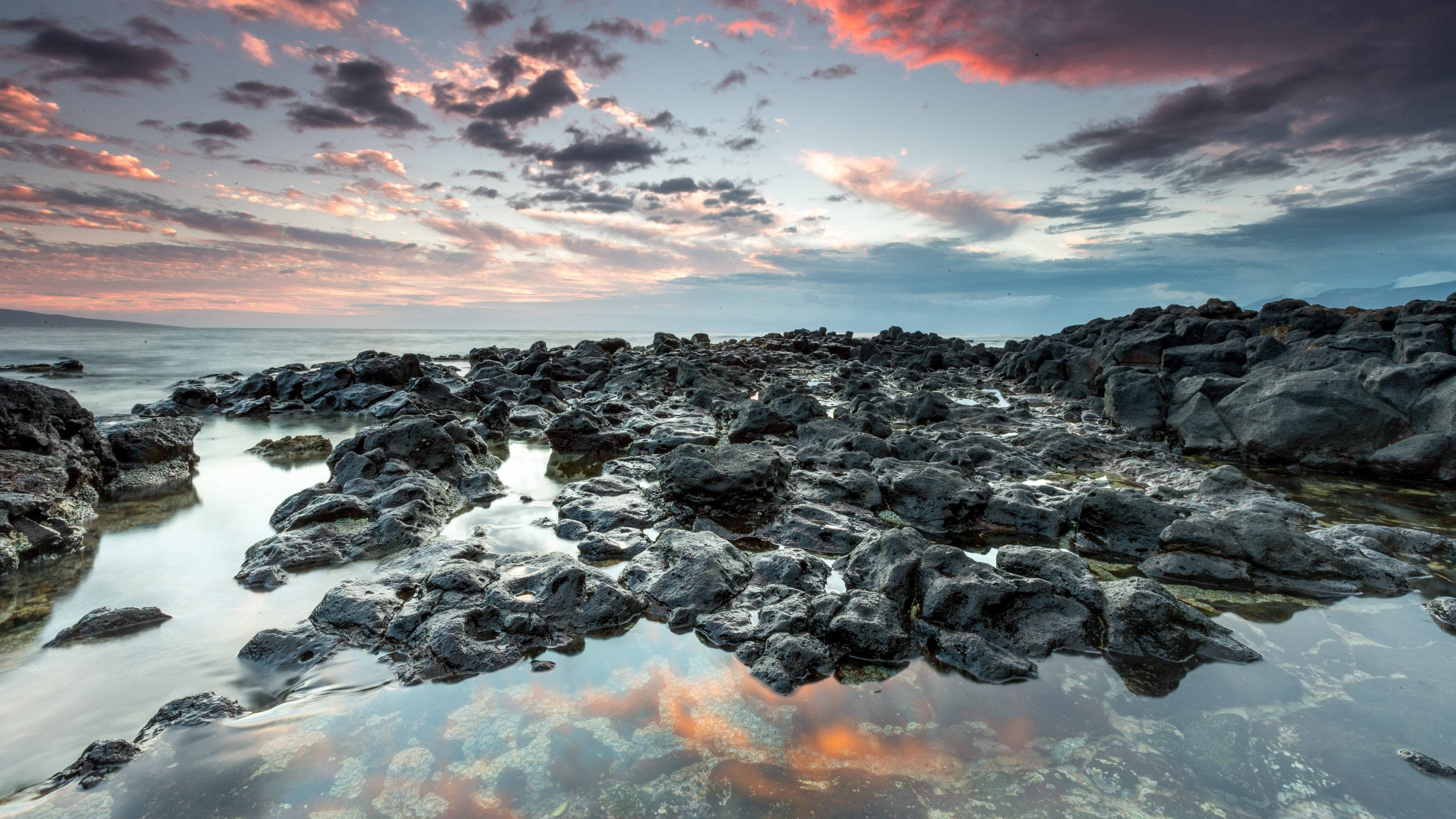 Laptop 4K Nature, Sunset, pink clouds, 4K Desktop Wallpaper
