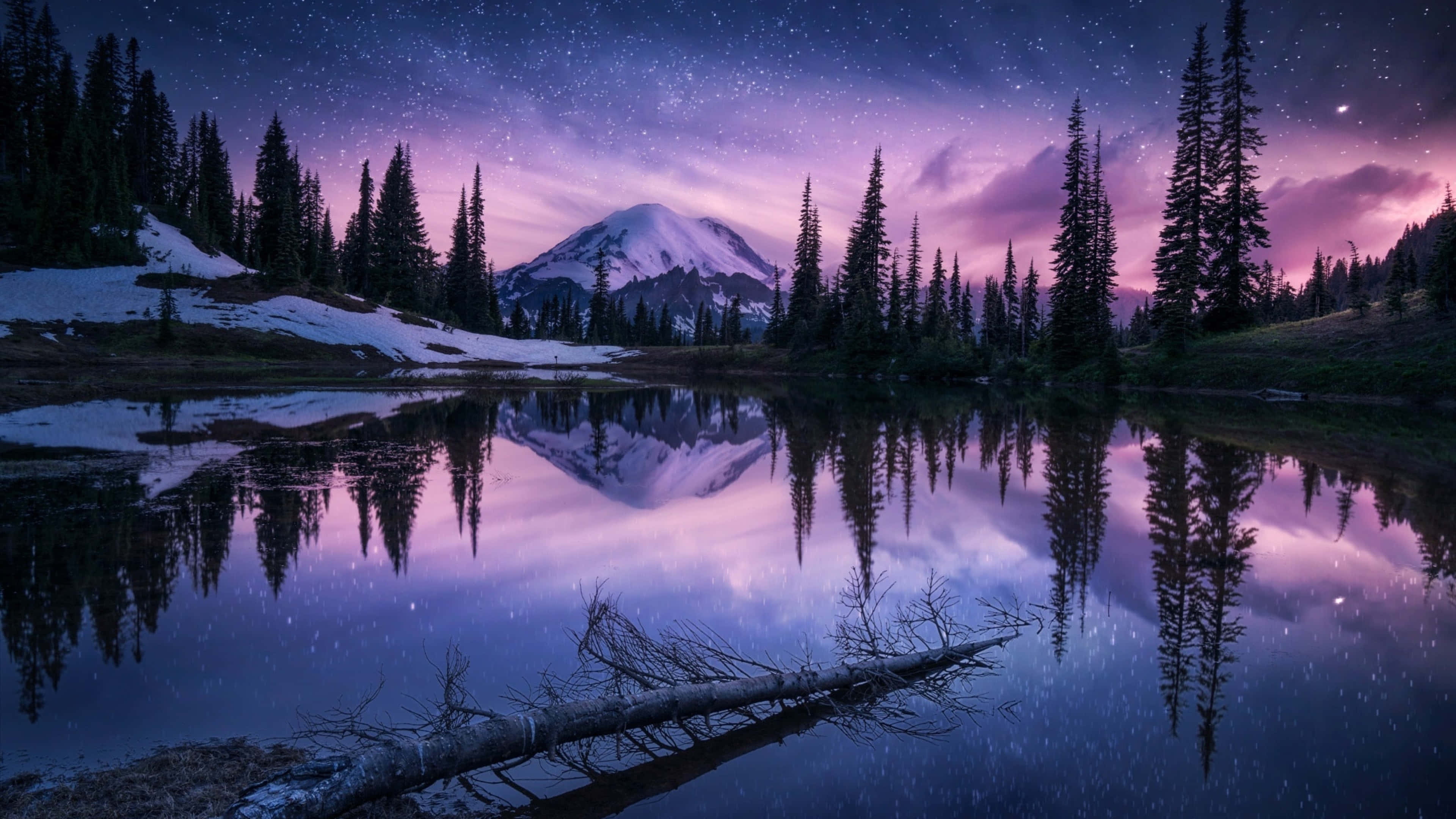 starry mountain lake reflection 4k, snowcapped mountain, calm lake, 4K Desktop Wallpaper