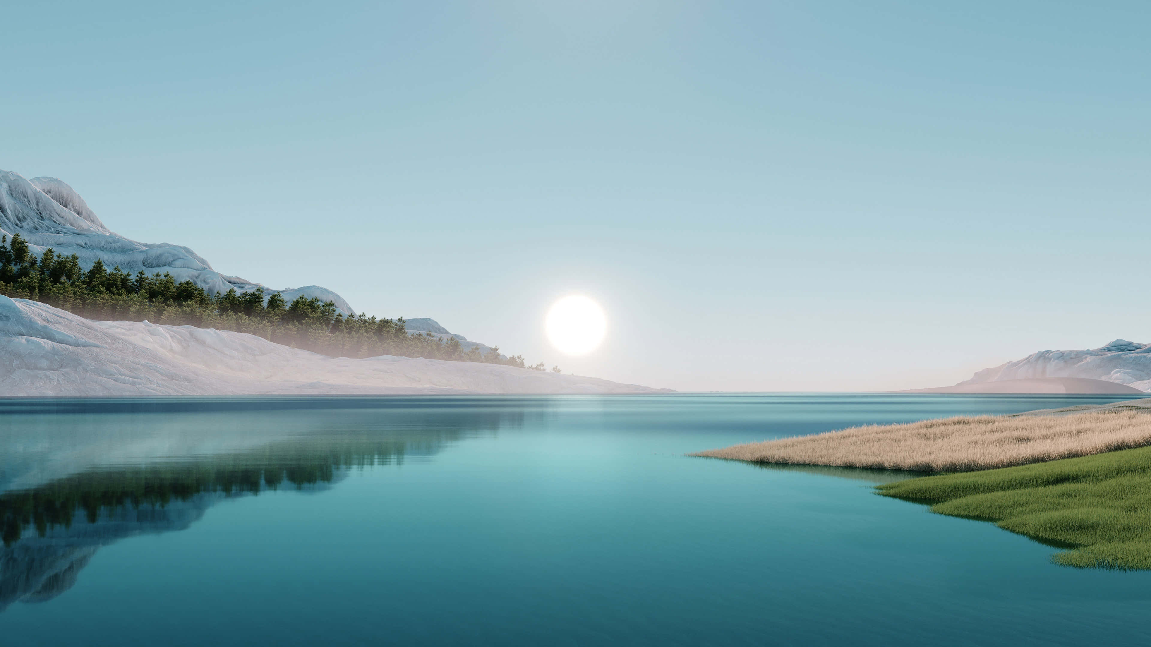 serene lake, sun rising, snow capped mountains, 4K Desktop Wallpaper