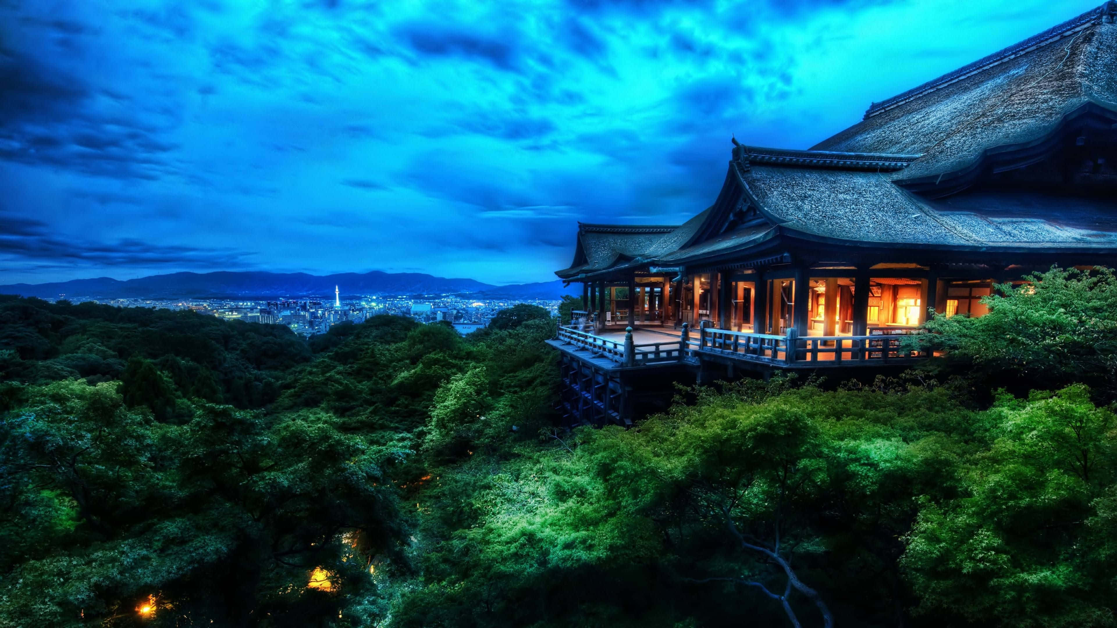 twilight temple, lush green trees, dramatic twilight sky, 4K Desktop Wallpaper