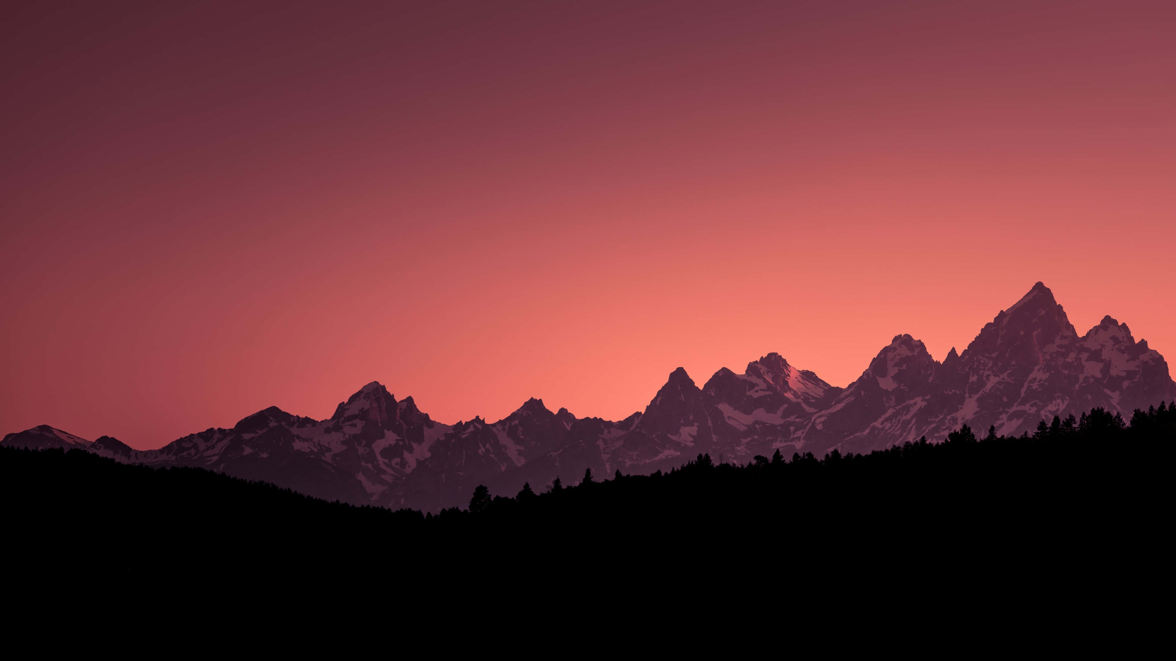 twilight mountain silhouette, pink and purple twilight sky, jagged mountain range, 4K Desktop Wallpaper