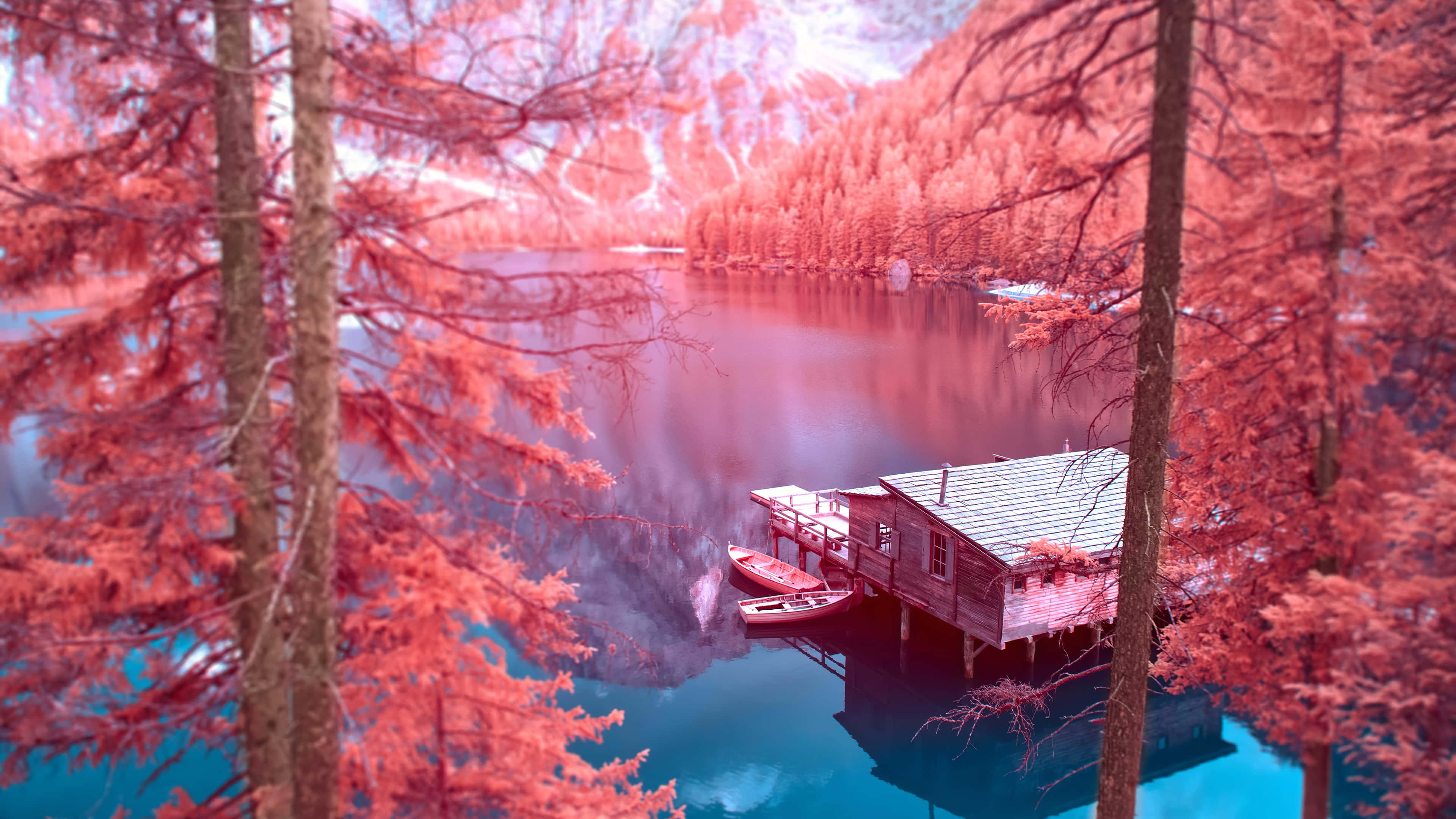 autumn infrared lake house, wooden cabin on stilts, calm lake, 4K Desktop Wallpaper