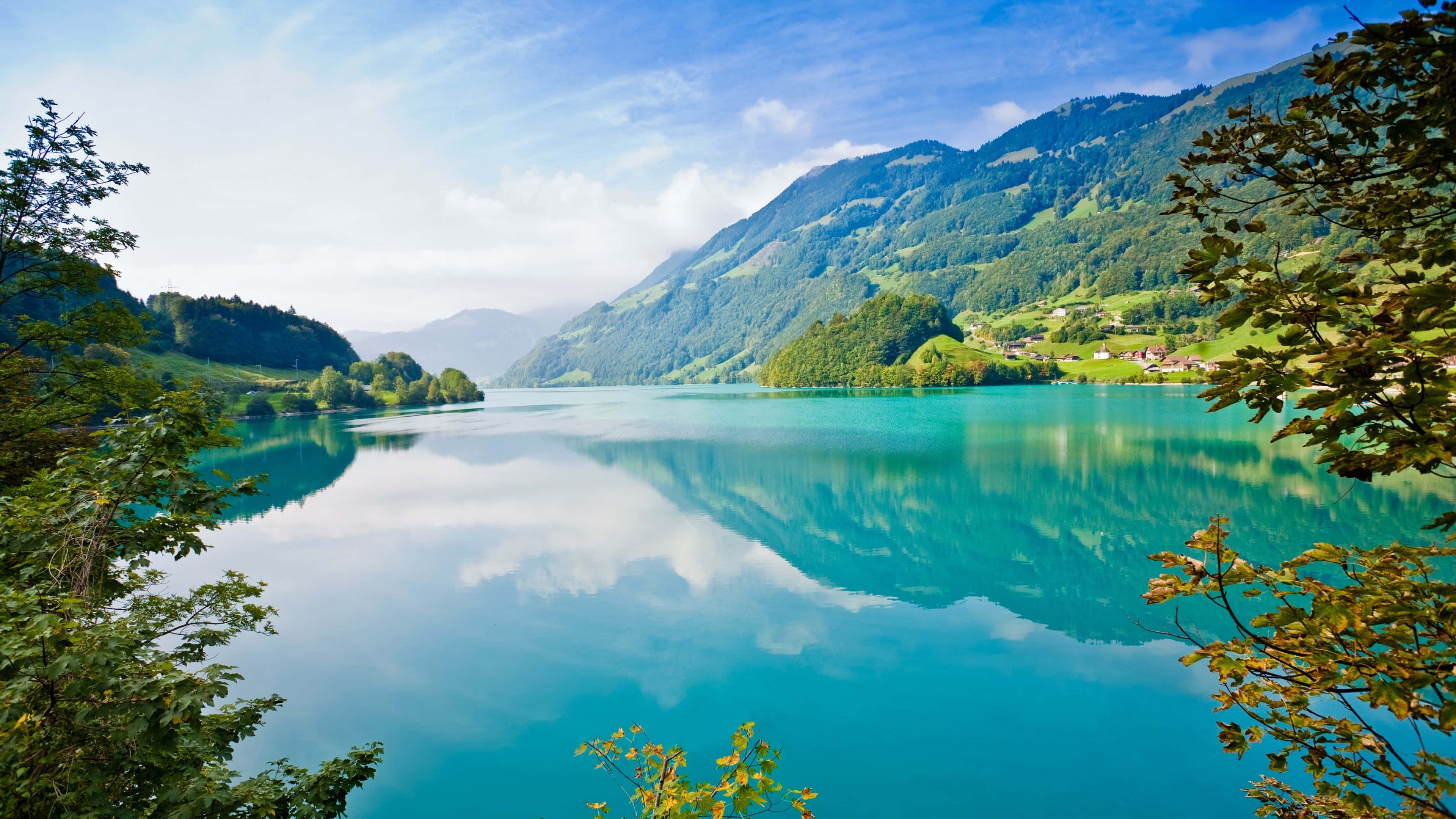 serene turquoise lake, snowcapped mountains, fluffy clouds, 4K Desktop Wallpaper