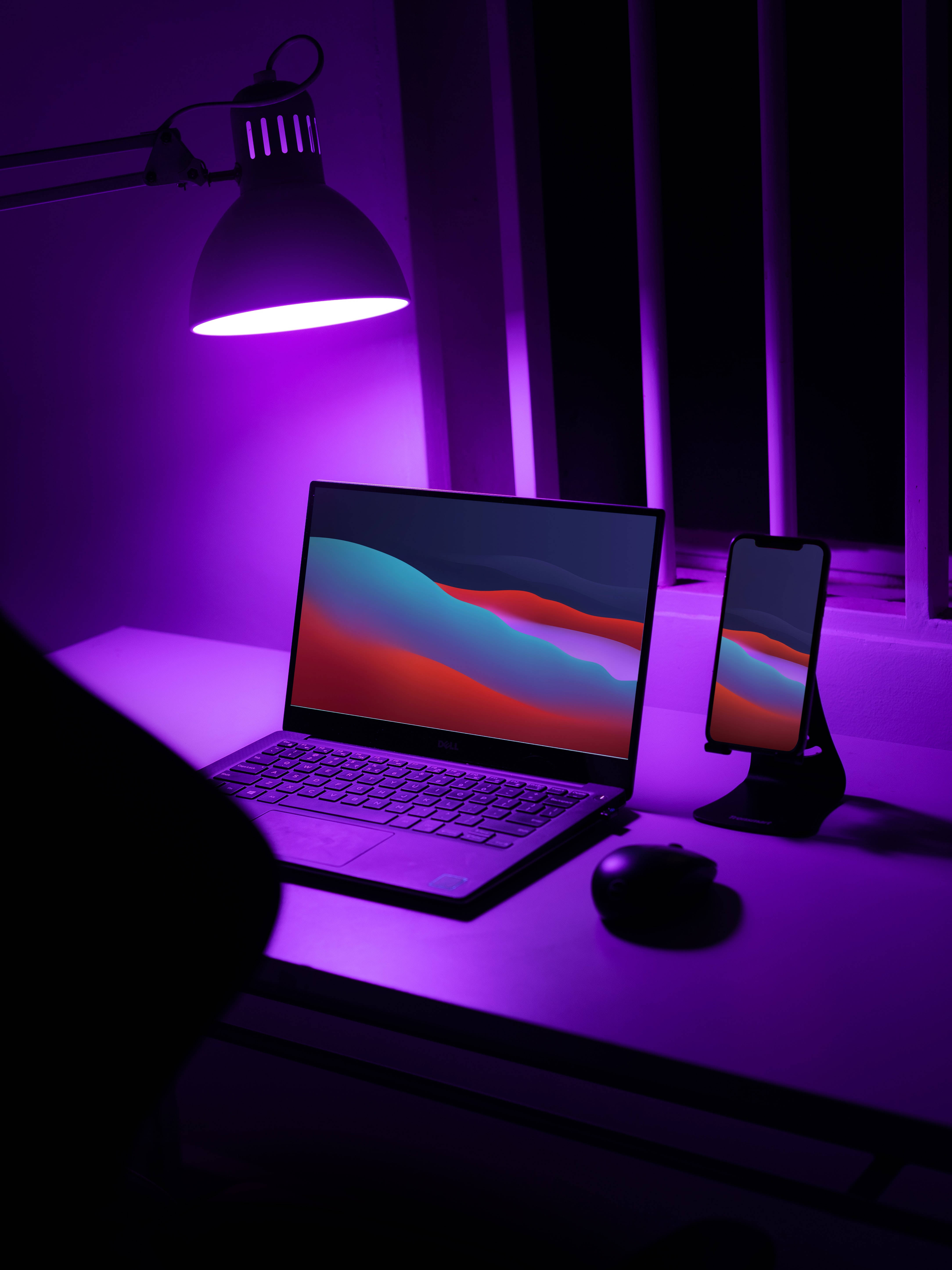 purple desk lamp, dimly lit workspace, night, 5K Phone Wallpaper