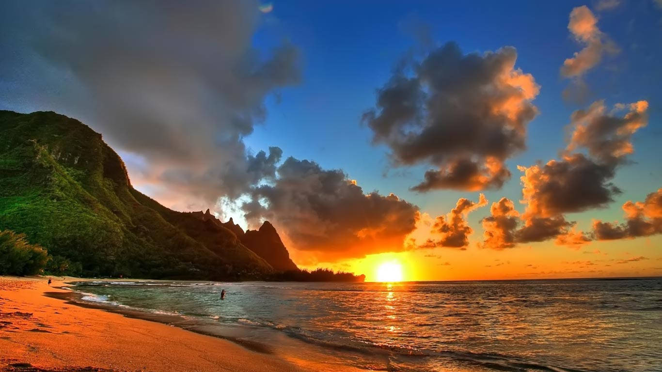 sunset, beach, orange sky, HD Desktop Wallpaper