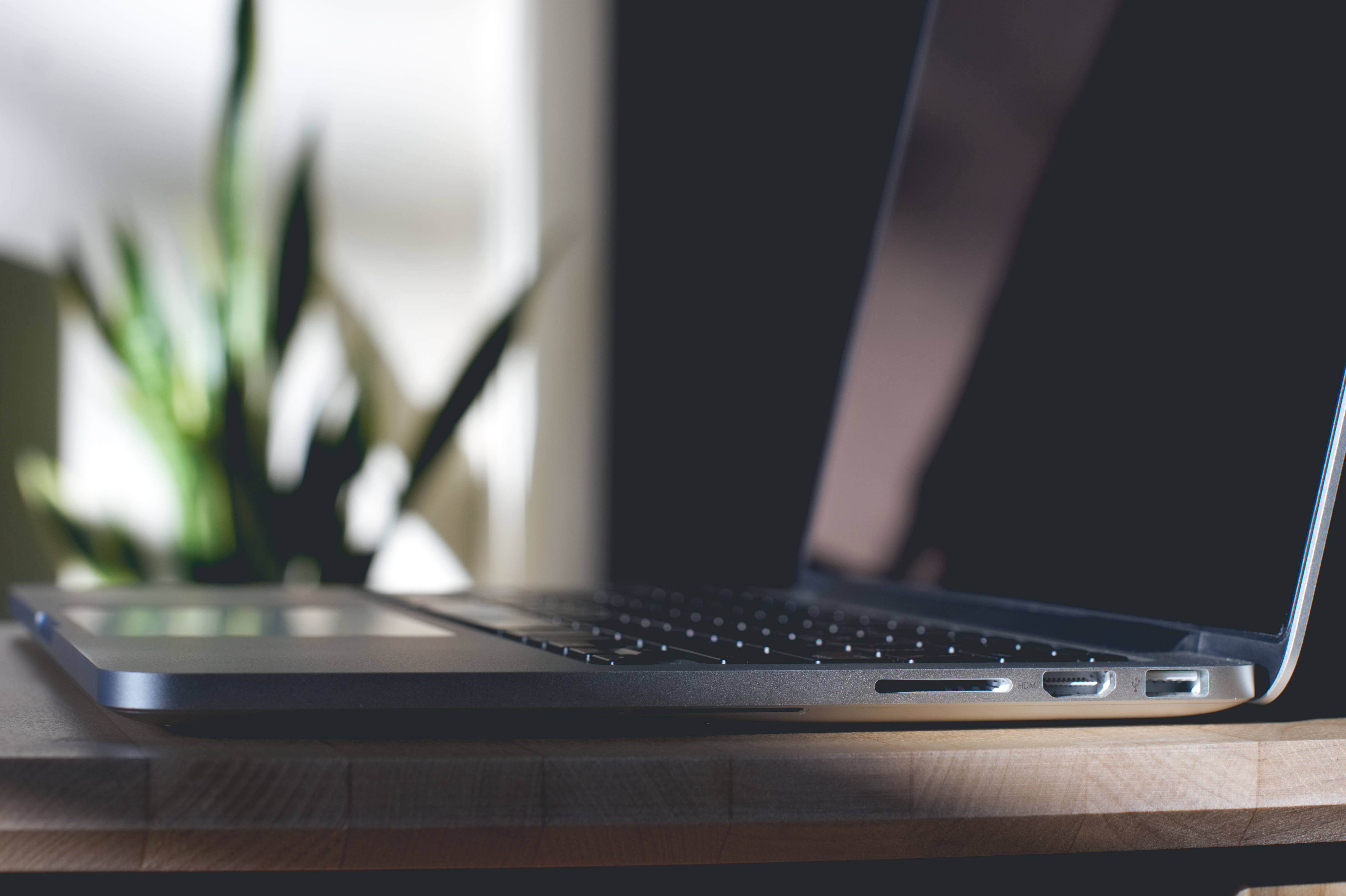 sleek silver laptop, wooden desk, blurred green plant, 4K Desktop Wallpaper