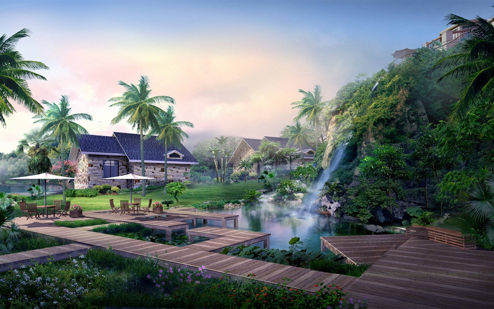 tropical resort, wooden walkways, lush greenery, Full HD Desktop Wallpaper