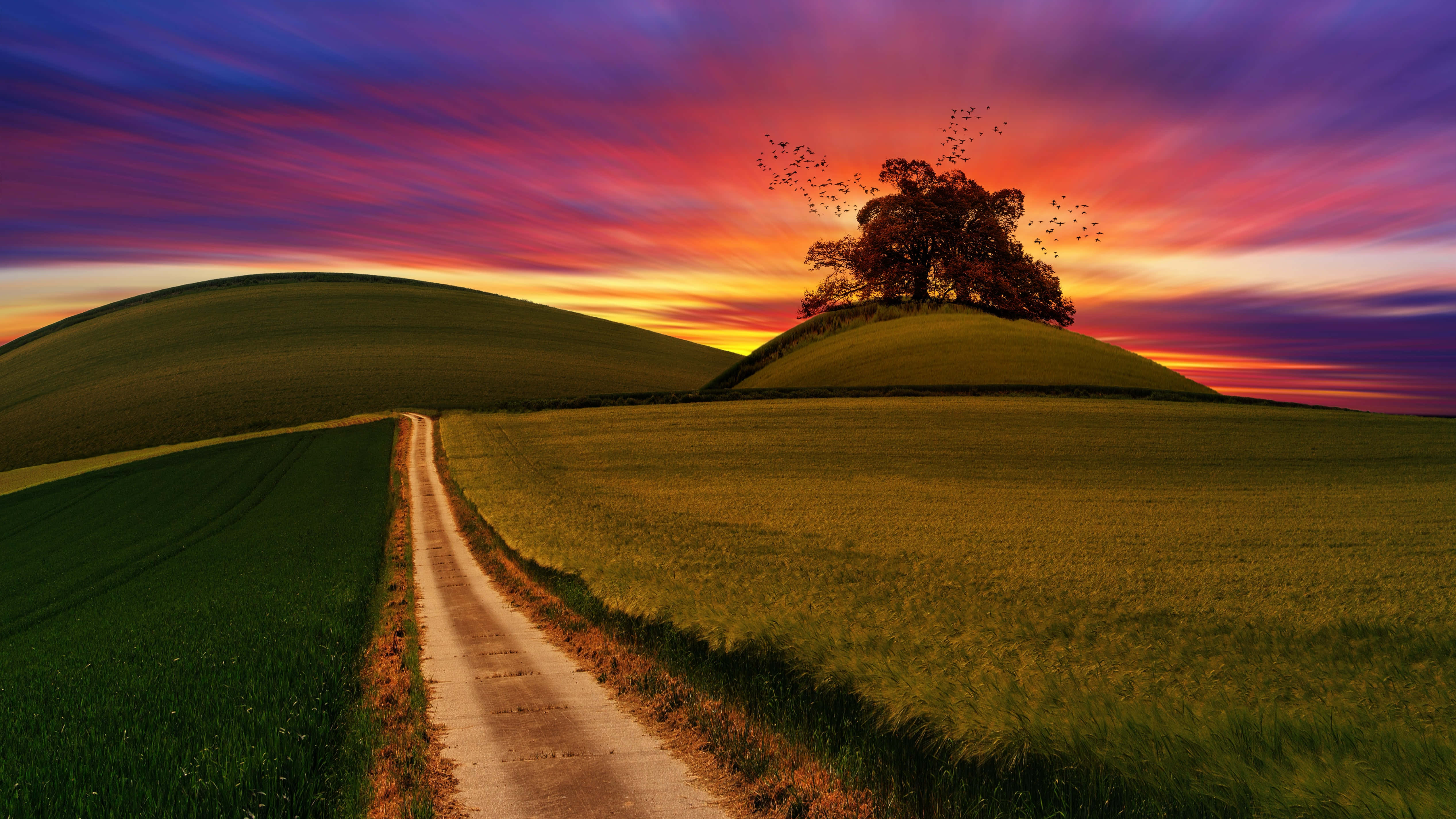 laptop lock screen, dirt road, rolling green hills, 4K Desktop Wallpaper