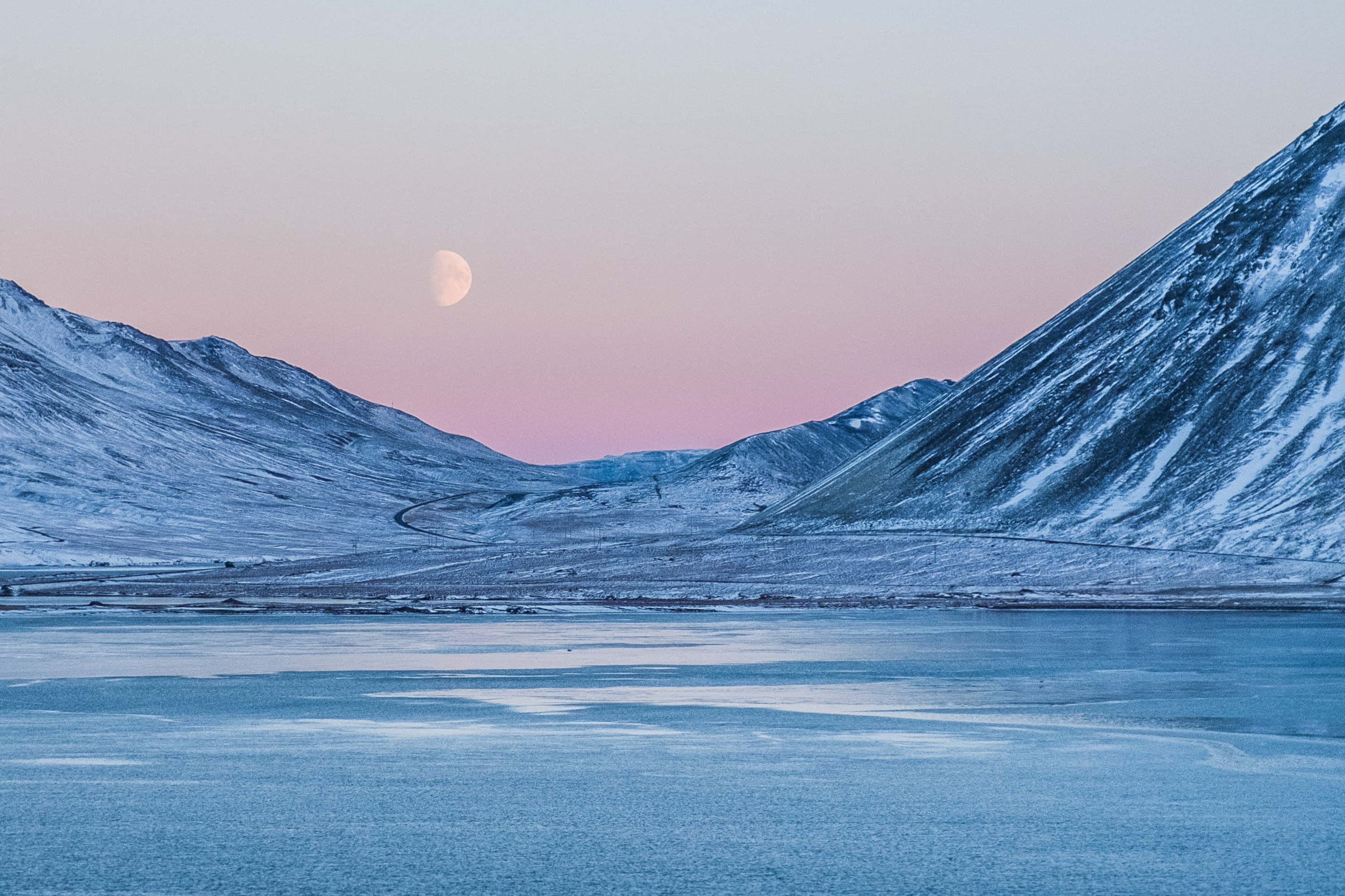 crescent moon, snow-dusted mountains, frozen lake, 2K Desktop Wallpaper