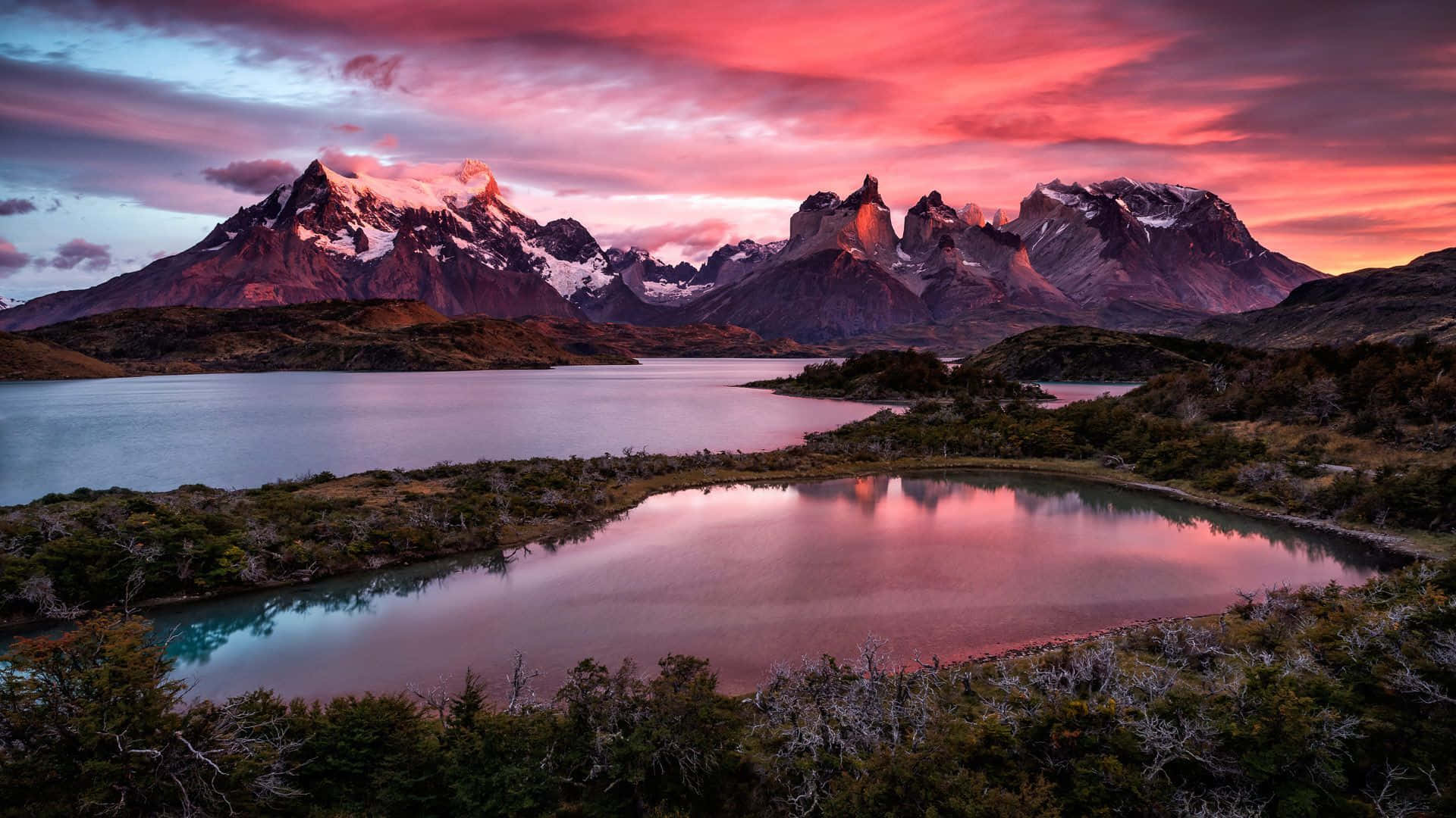 sunset, lake, mountains, Full HD Desktop Wallpaper