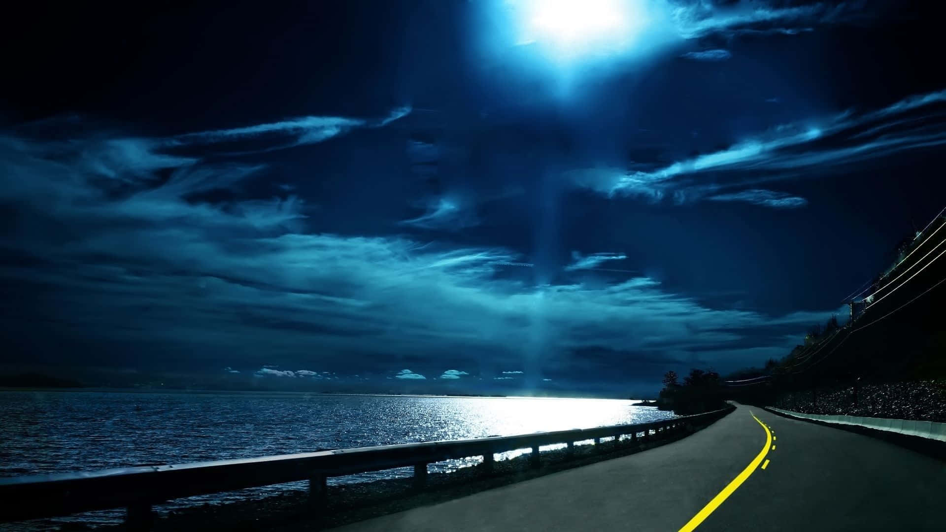 coastal road, bright moon, dark blue waters, Full HD Desktop Wallpaper