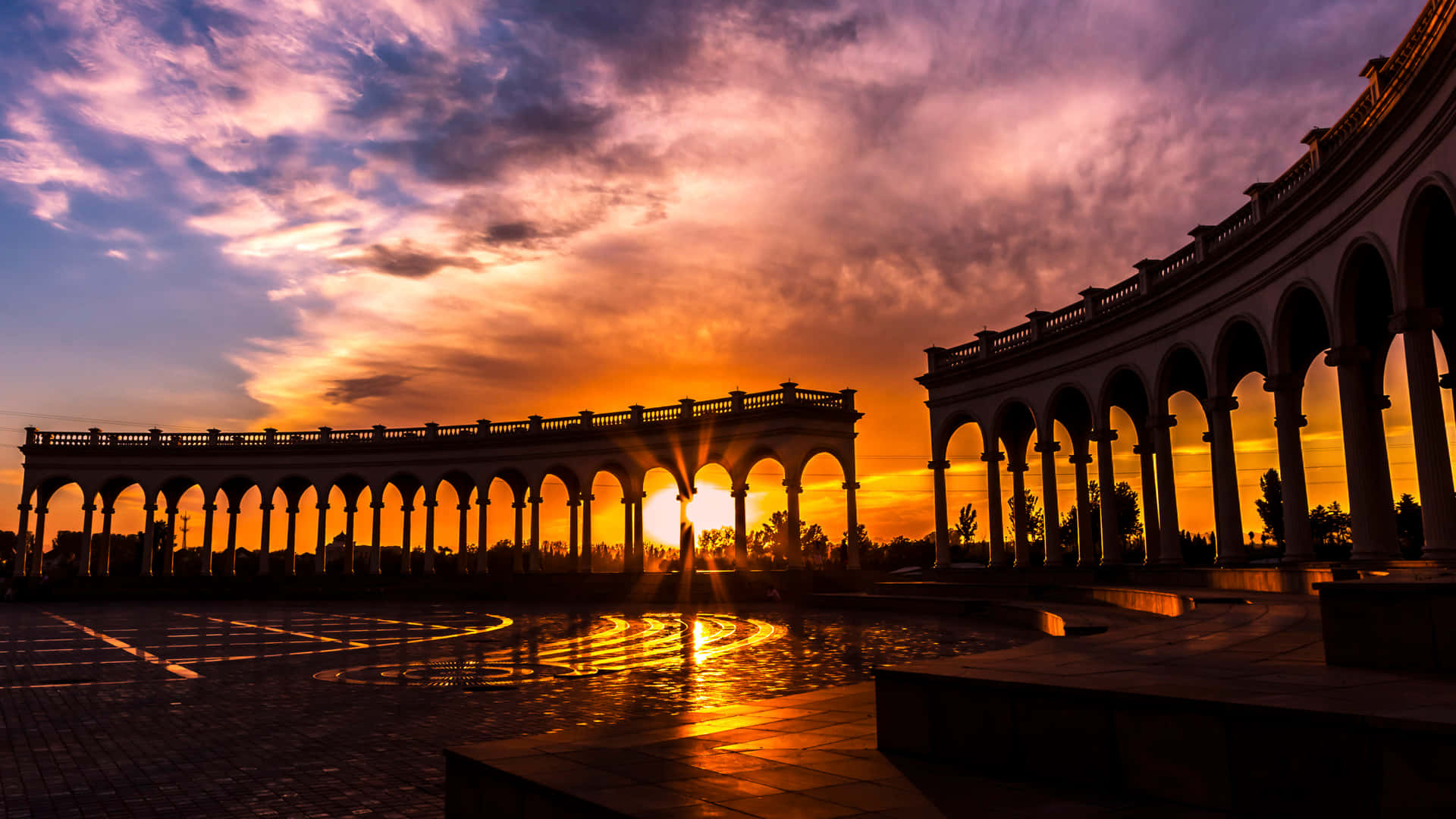 Sunset, arched colonnades, golden reflections, Full HD Desktop Wallpaper