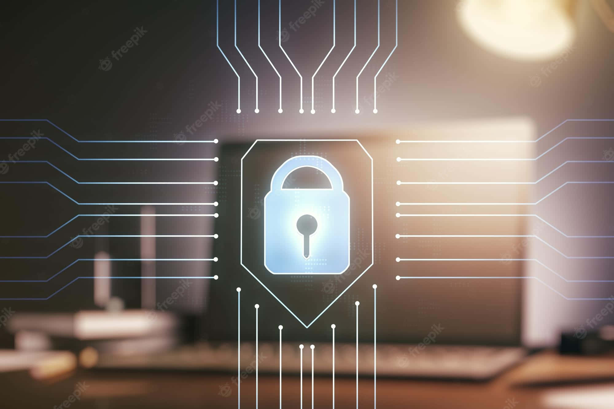 laptop lock screen, glowing blue digital padlock icon, circuit board overlay, Full HD Desktop Wallpaper