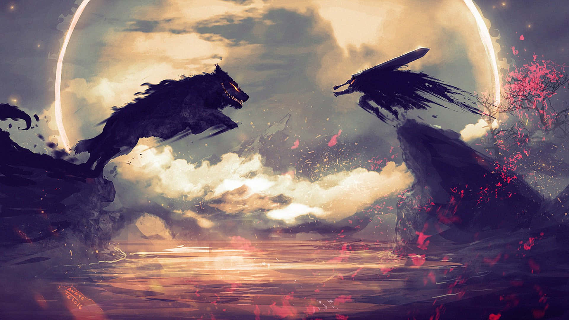 two wolves, fighting in the water, full moon, Full HD Desktop Wallpaper