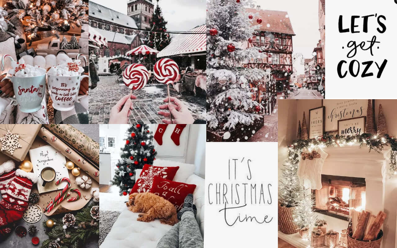 Christmas Collage Laptop, snow-dusted streets, festive mugs, HD Desktop Wallpaper