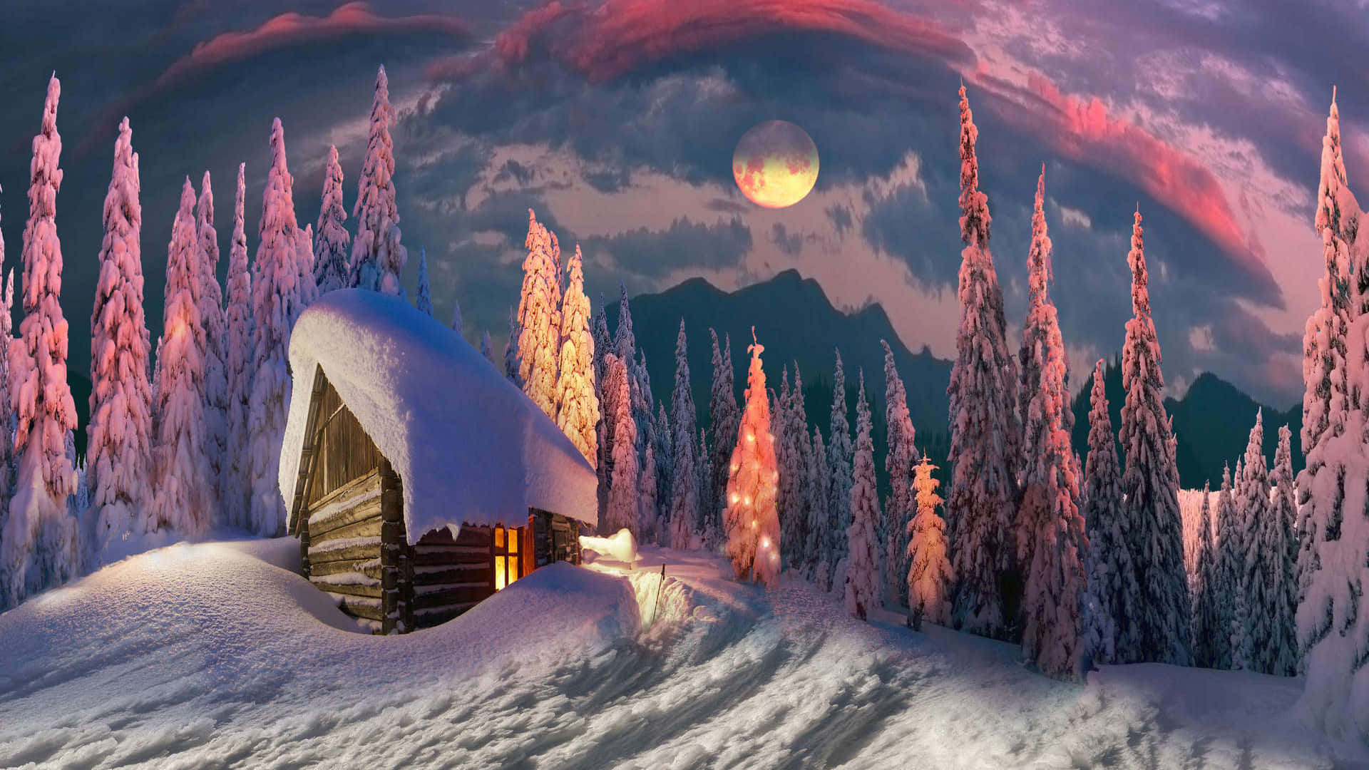 Laptop Winter, snow-covered cabin, frosty pine trees, Full HD Desktop Wallpaper