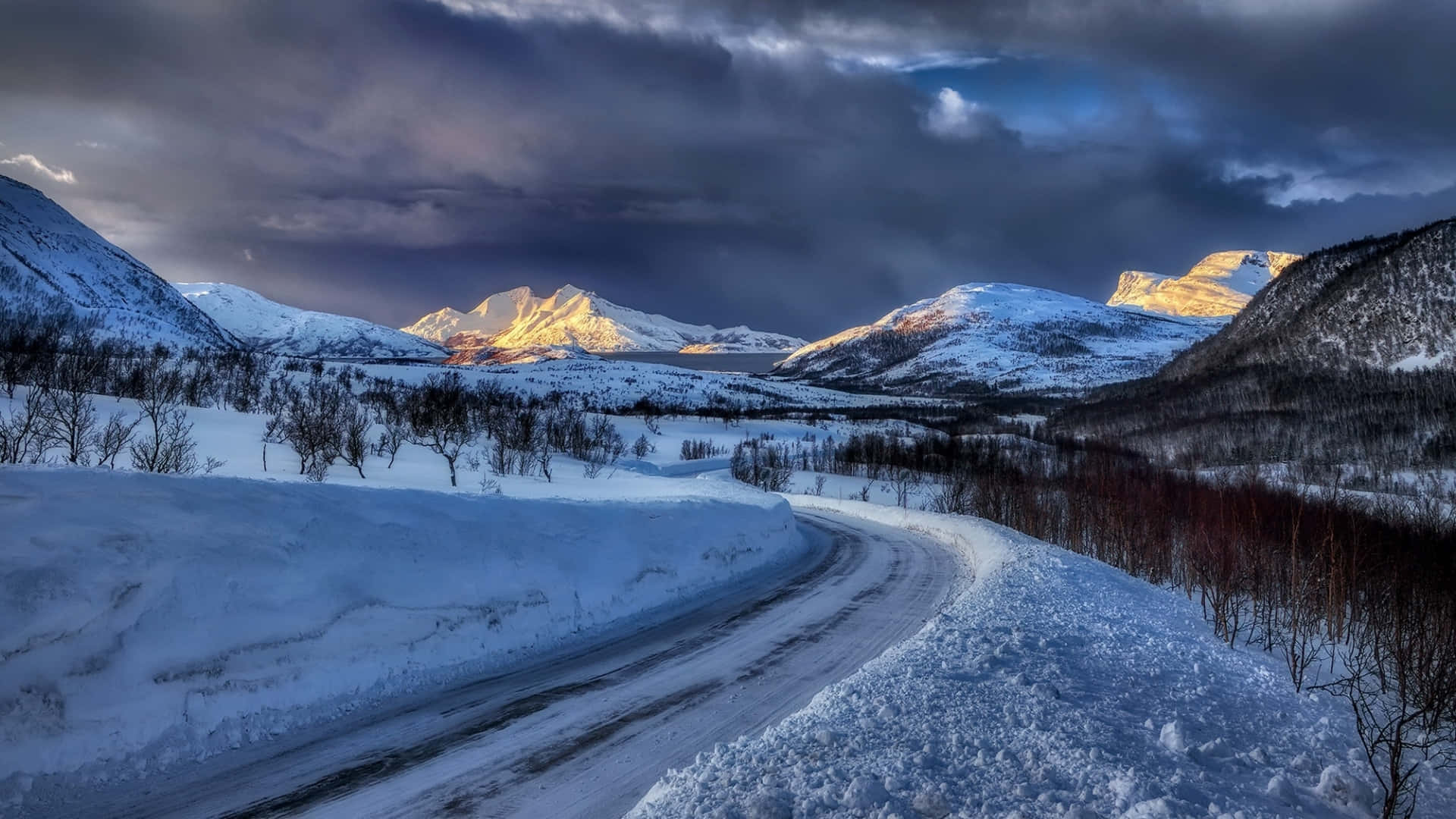 Laptop Winter, snow-covered road, winter valley, Full HD Desktop Wallpaper