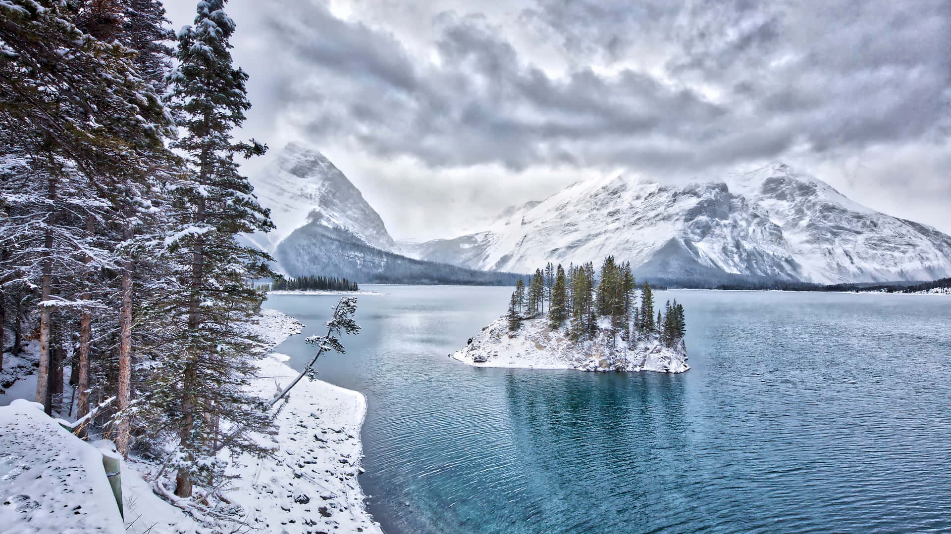 laptop winter, snow-covered mountain lake, forested island, Full HD Desktop Wallpaper