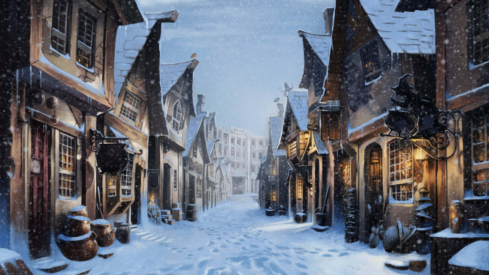 snowy street, medieval street, timber-framed houses, Full HD Desktop Wallpaper