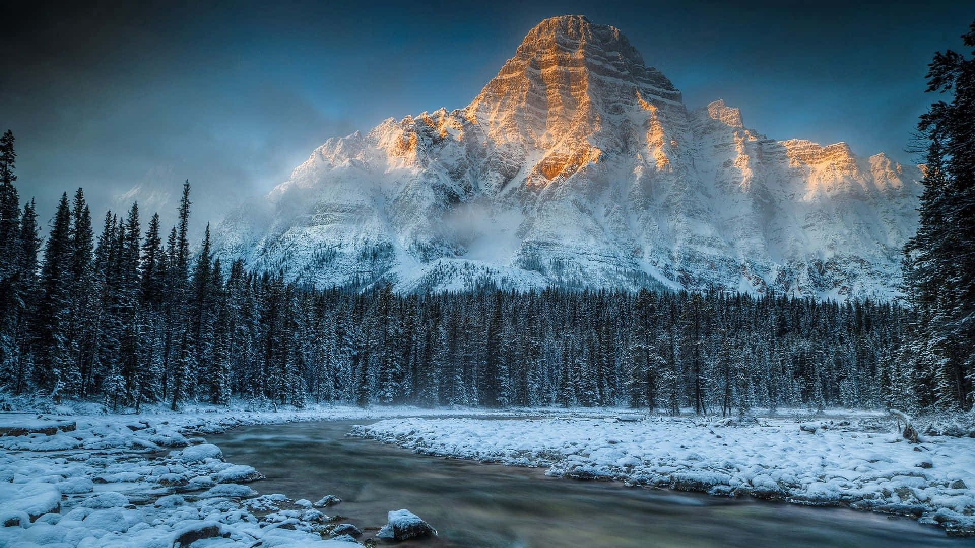 Winter Mountain, snow-covered mountain peak, golden sunrise light, Full HD Desktop Wallpaper