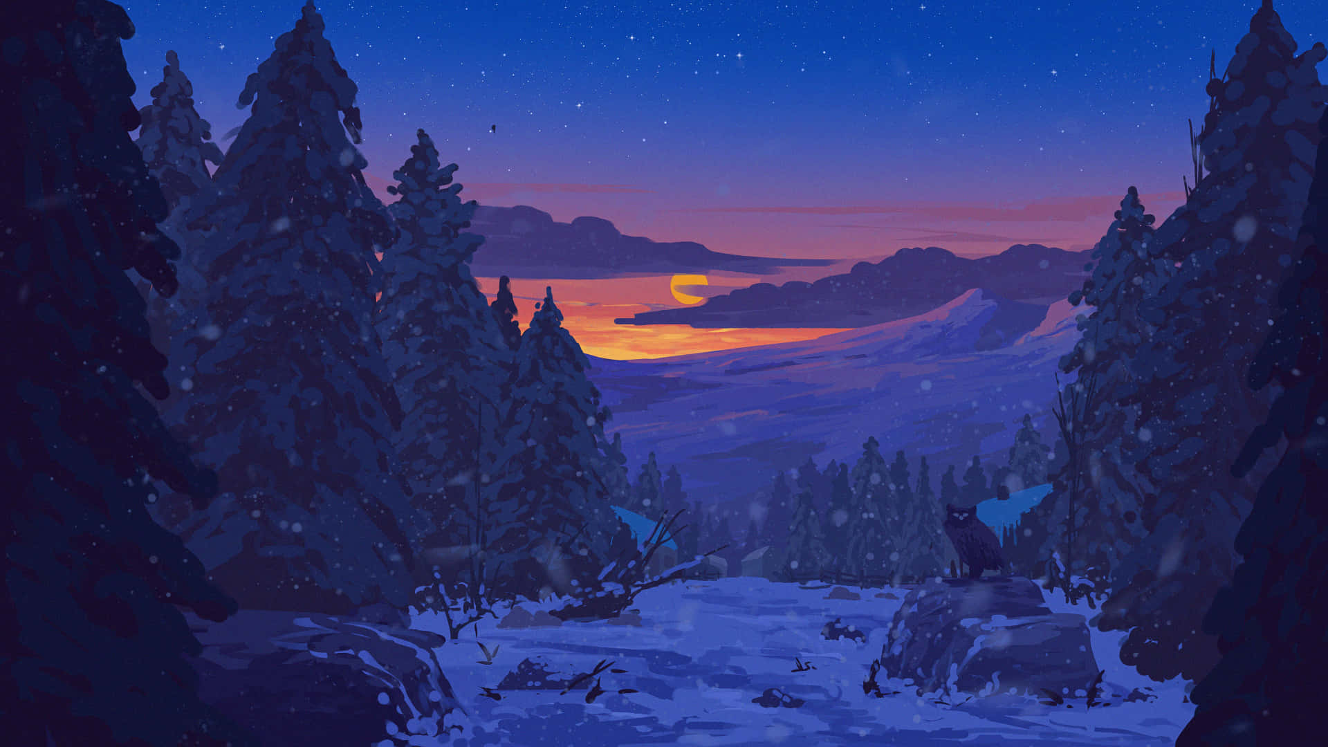 Laptop Winter, snowy forest, twilight, Full HD Desktop Wallpaper